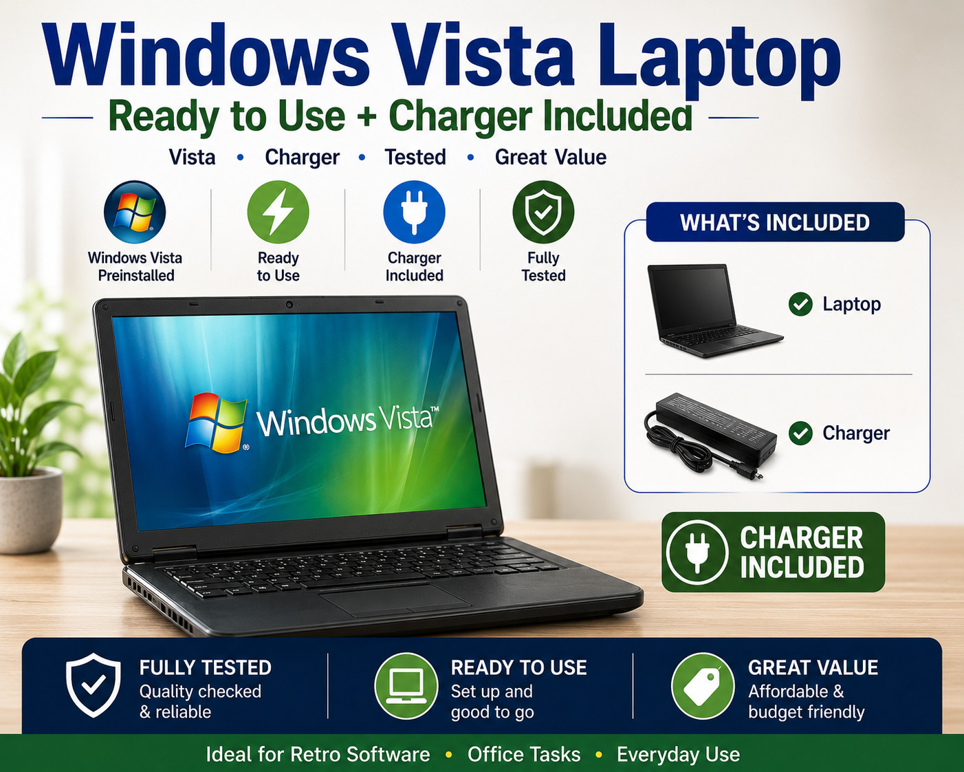 Windows Vista Laptop Customizable  — Ready to Use + Charger Included