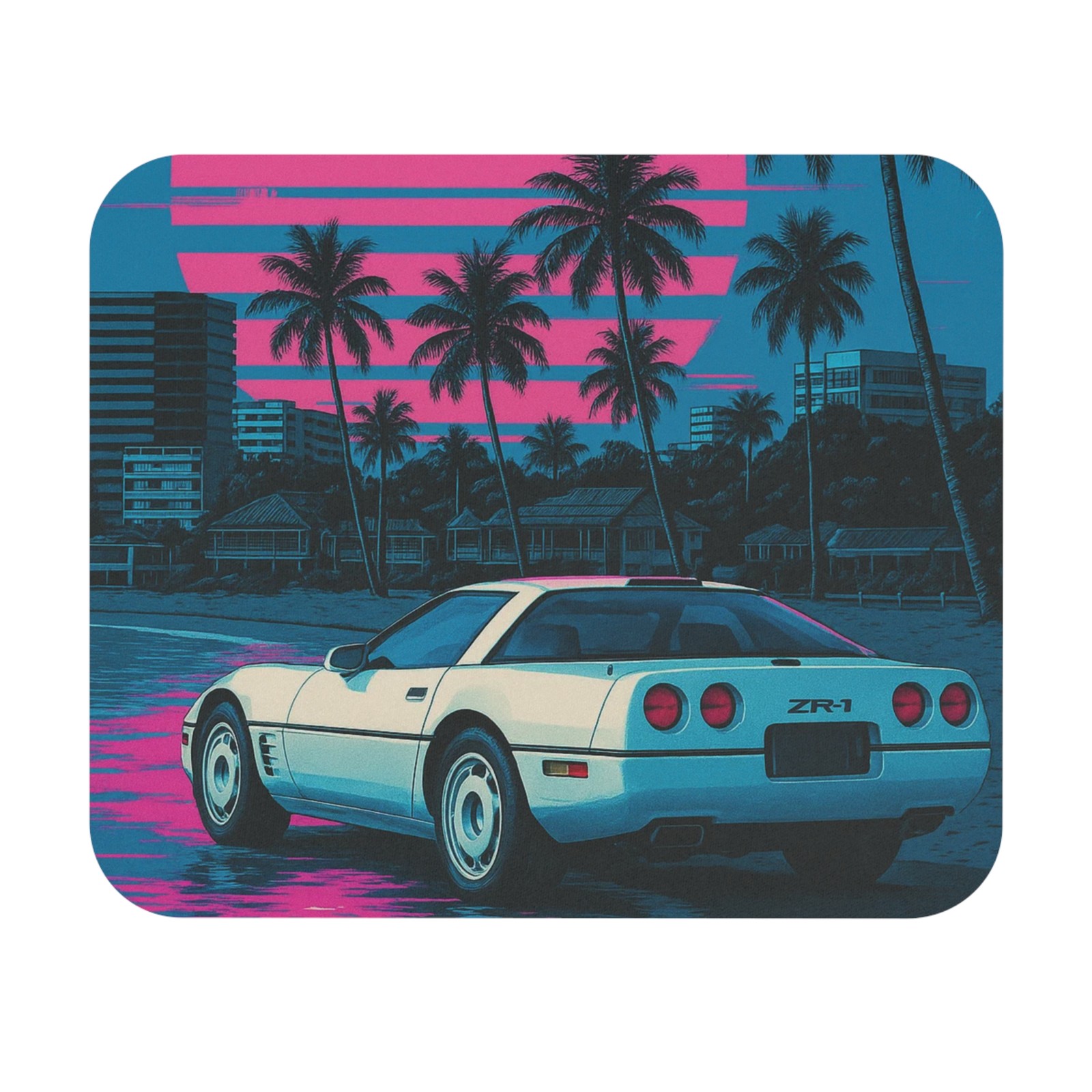 Retro 80s Corvette ZR-1 Mouse Pad Vaporwave Miami Beach Neon Sunset Gaming Mat