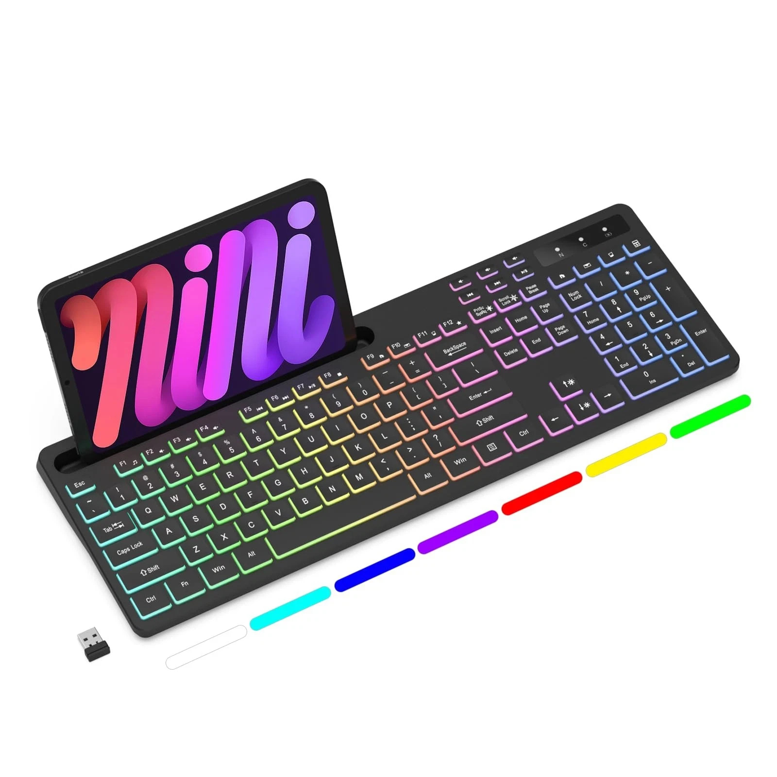 Wireless Keyboard with 7-Color RGB Backlit, Full-Size Computer Keyboard with ...