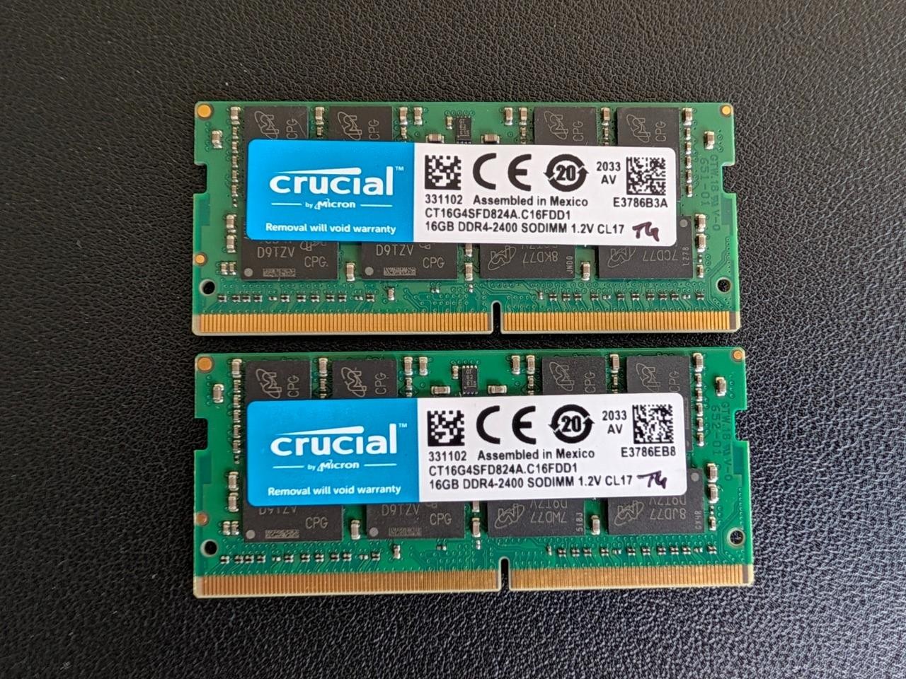 32GB of Crucial DDR4-2400  2 sticks of 16GB each = 32GB Laptop Memory