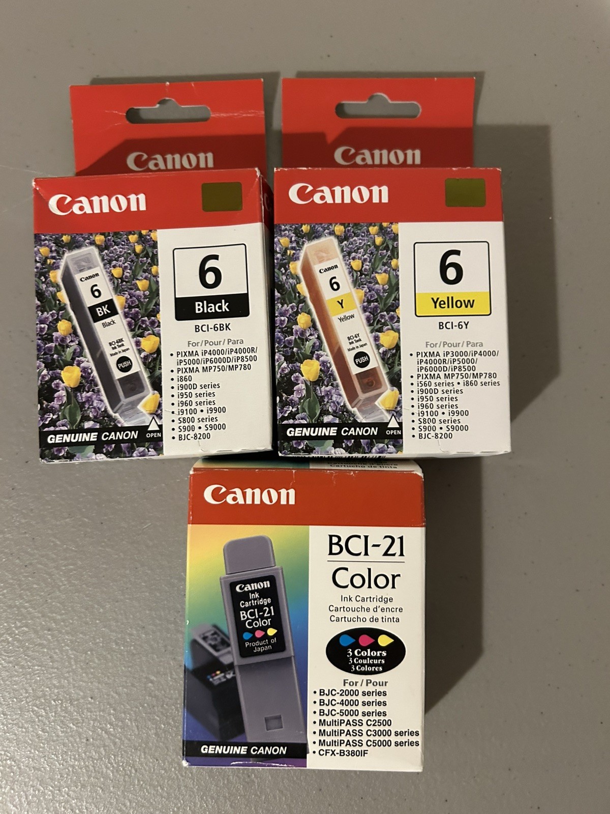 3 Genuine Canon Ink Cartridges NEW BCI-6BK Black, BCI-6Y Yellow, BCI-21 Color