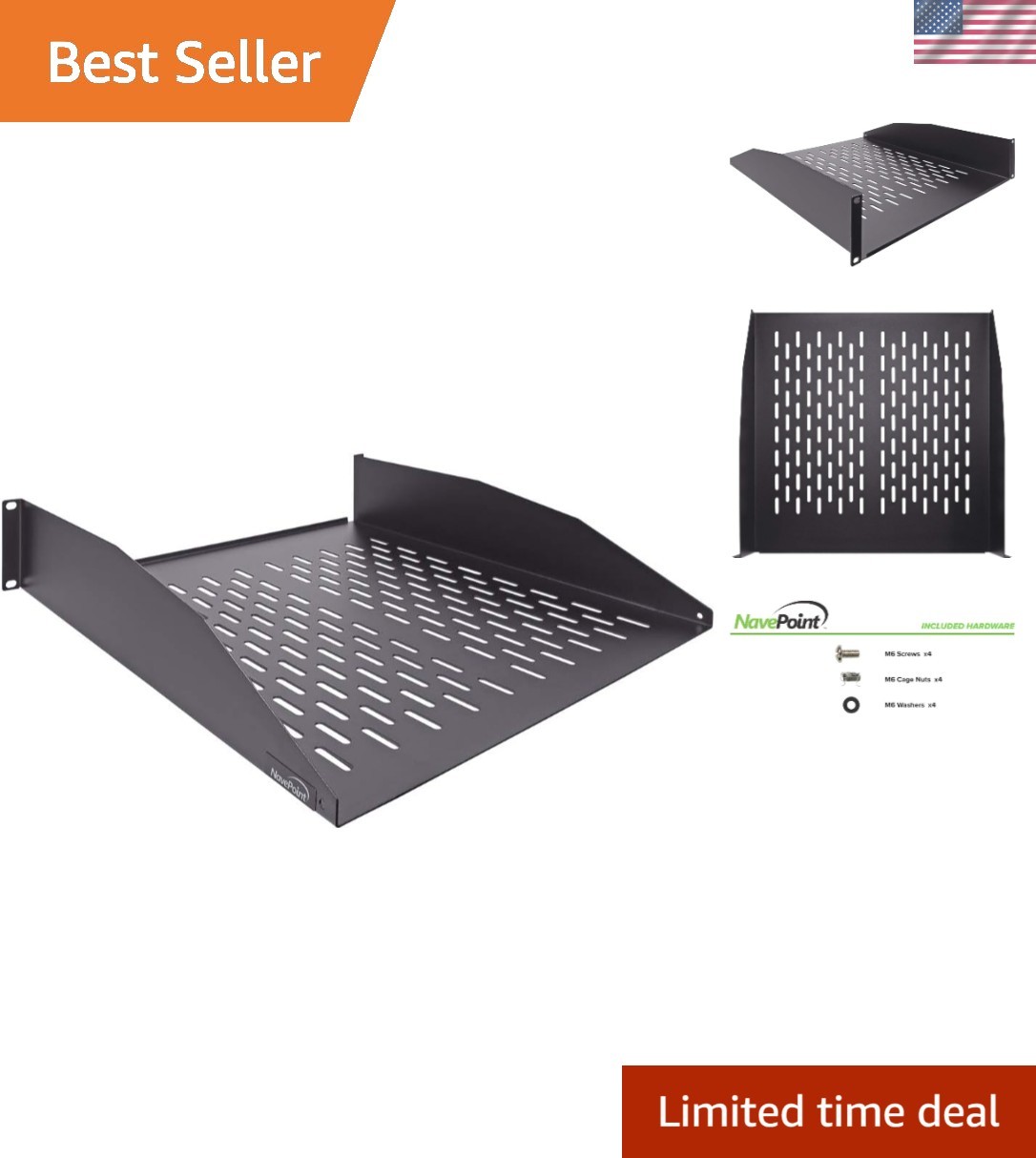 2U 19-Inch Universal Vented Rack Mount Cantilever Server Cabinet Shelf 18-Inc...