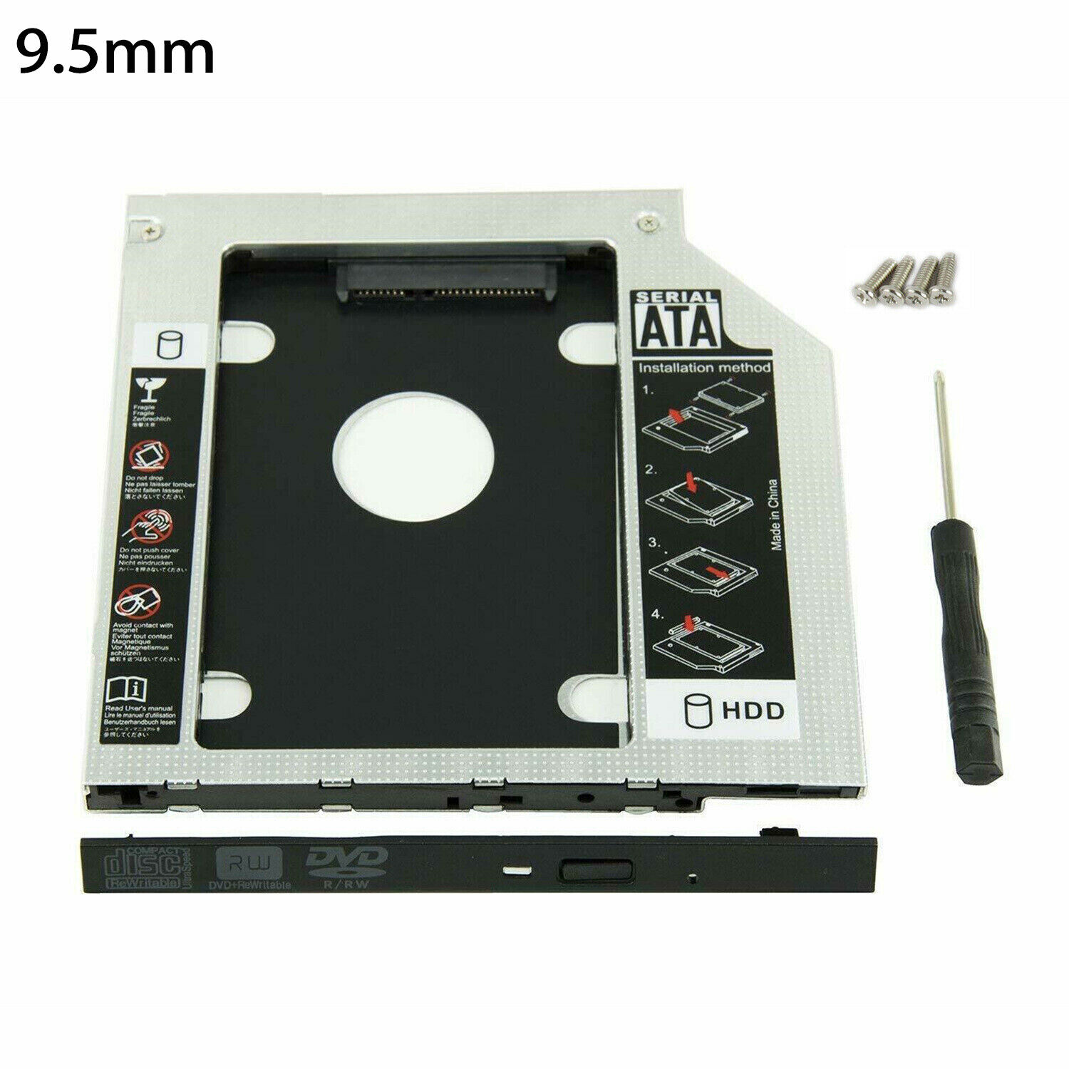 9.5mm Universal Caddy For SATA 2nd HDD SSD Hard Drive CD/DVD-ROM Optical Bay US