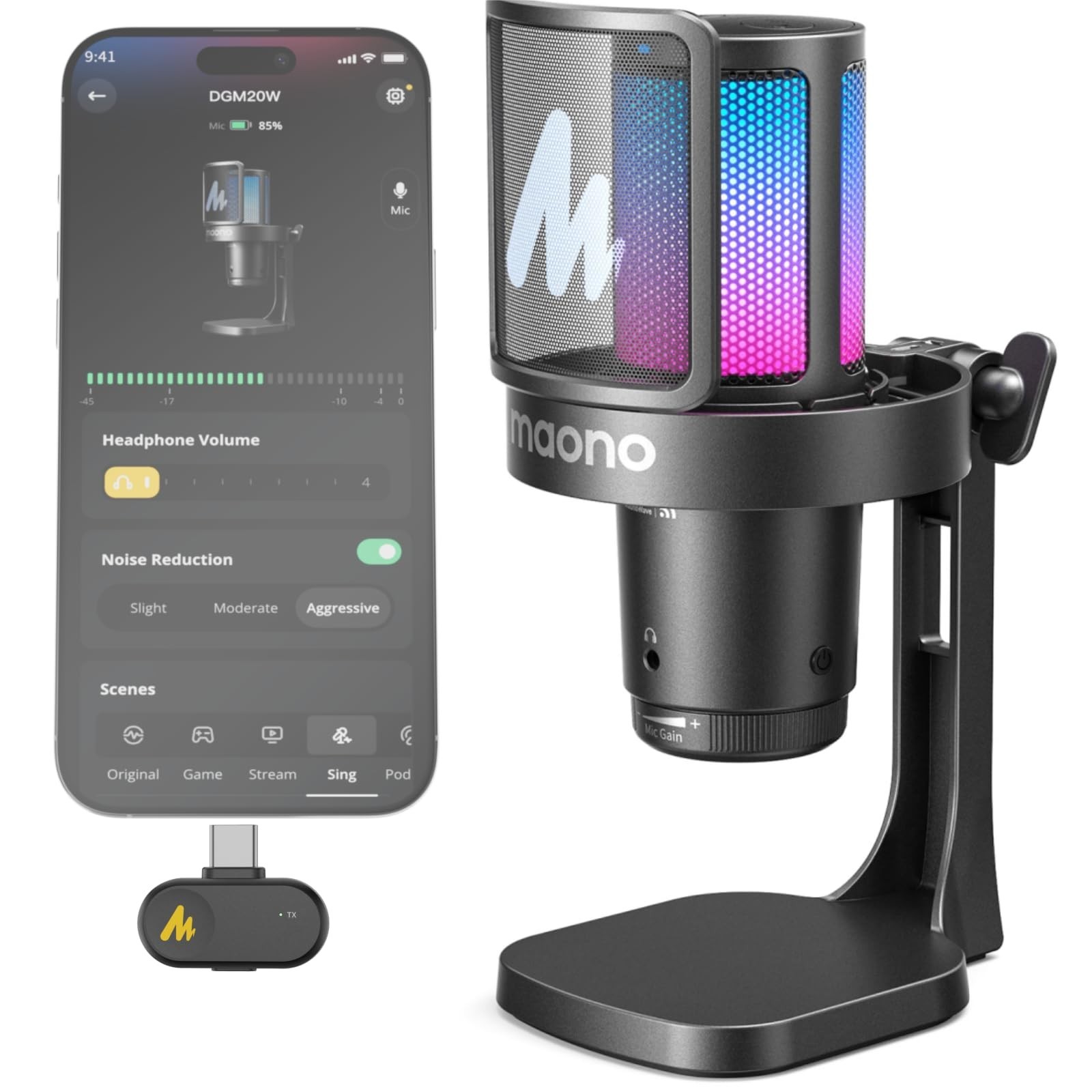 Wireless Gaming Microphone DGM20W USB-C PC PS5 RGB Noise Reduction Desk Stand