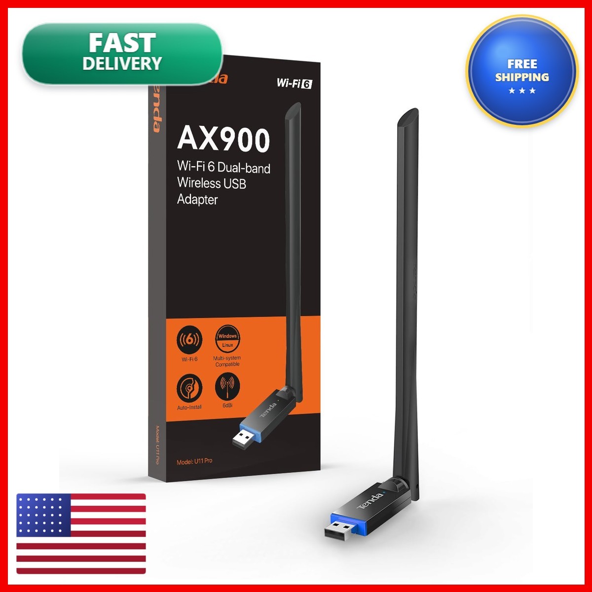 Tenda U11 Pro WiFi 6 USB Adapter Dual-Band 600Mbps 5GHz/286Mbps 6dBi for