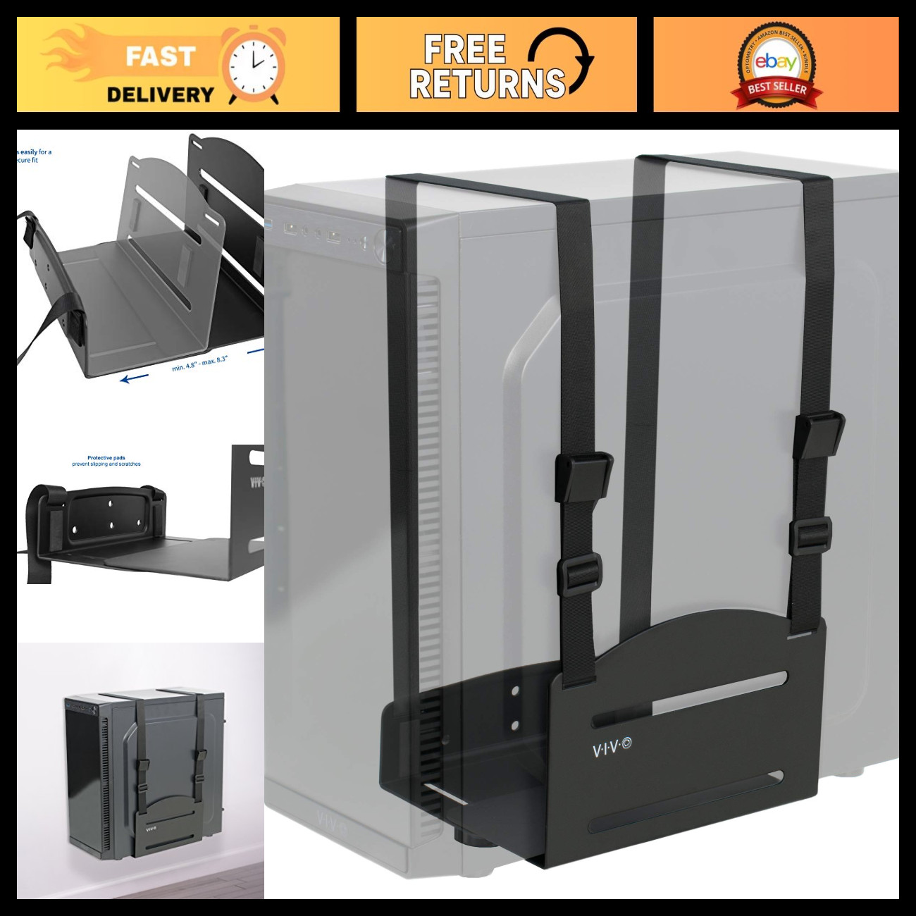 Universal Black PC Wall Mount with Straps - Adjustable, Space-Saving Design