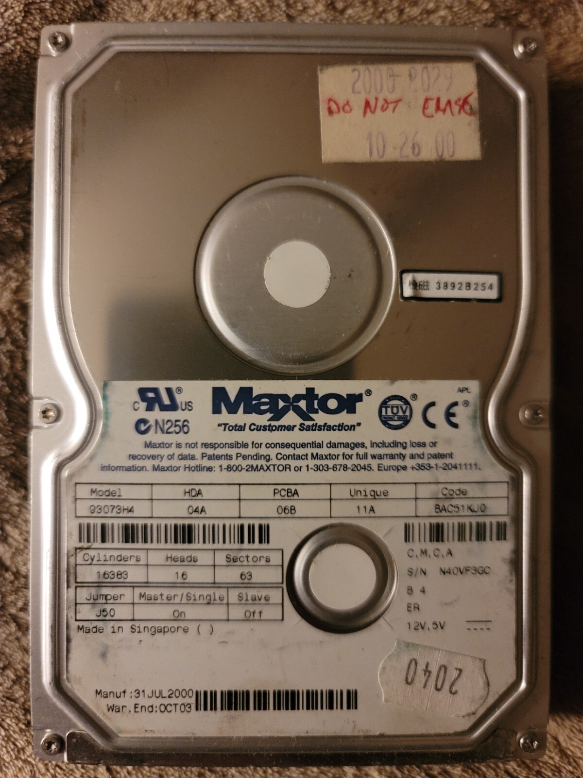 Maxtor 30.7 GB,Internal,7200 RPM,3.5" (93073H4) Hard Drive (TESTED AND WORKING)