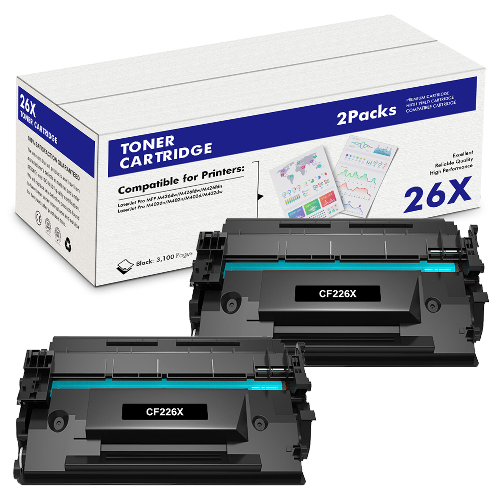 2 Pack CF226X For HP 26X Laserjet Pro MFP M426fdw M402n M402dn M426fdn Toner
