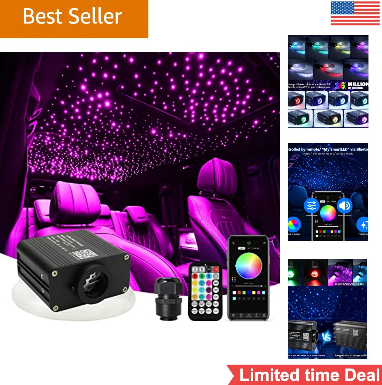 Fiber Optic Starlight Headliner Kit 16W 600pcs 9.8ft Bluetooth App Remote RGBW