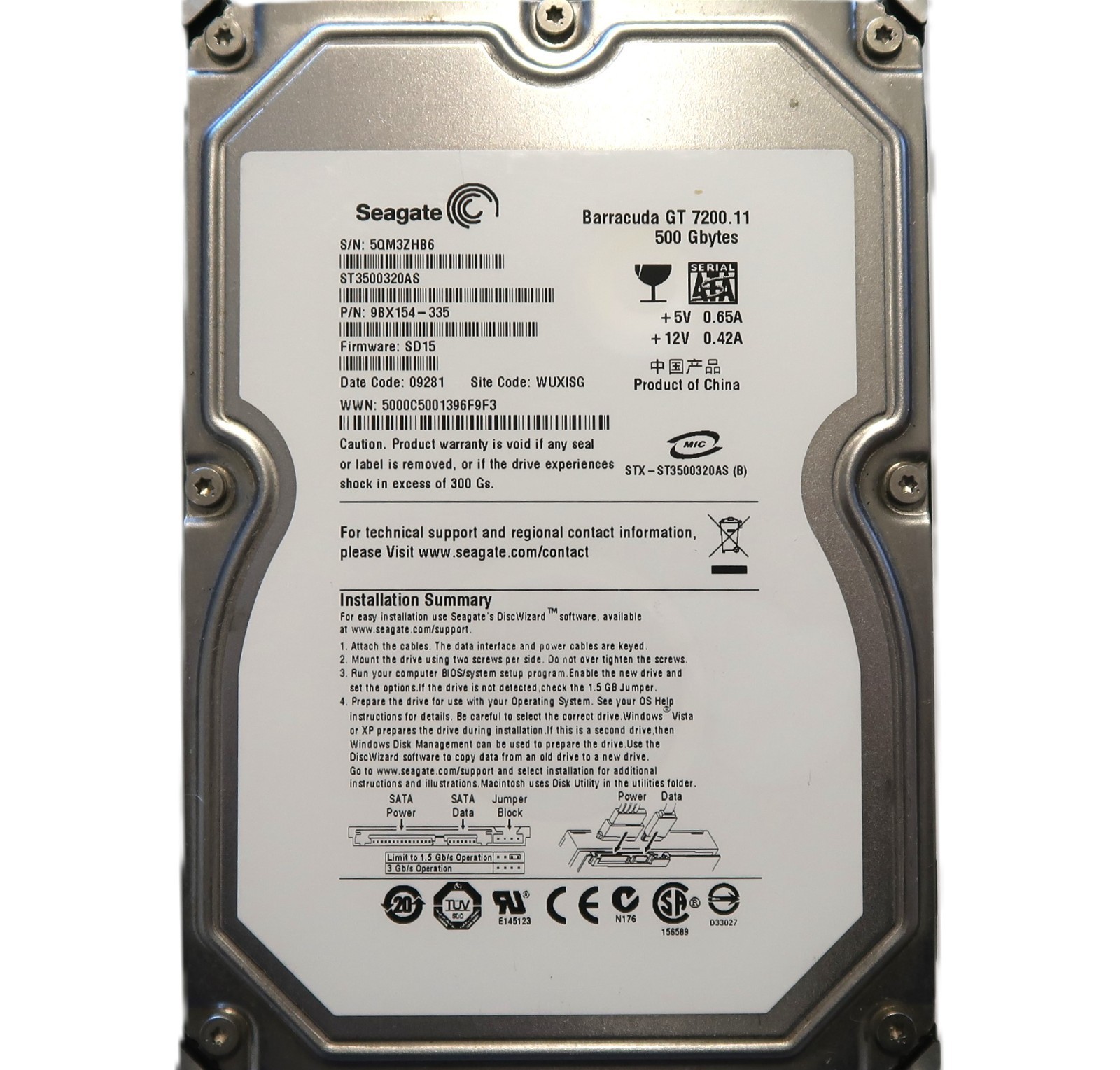 Seagate ST3500320AS 9BX154-335 SD15 (5QM) WUXISG China 500gb 3.5" Sata 01/2009