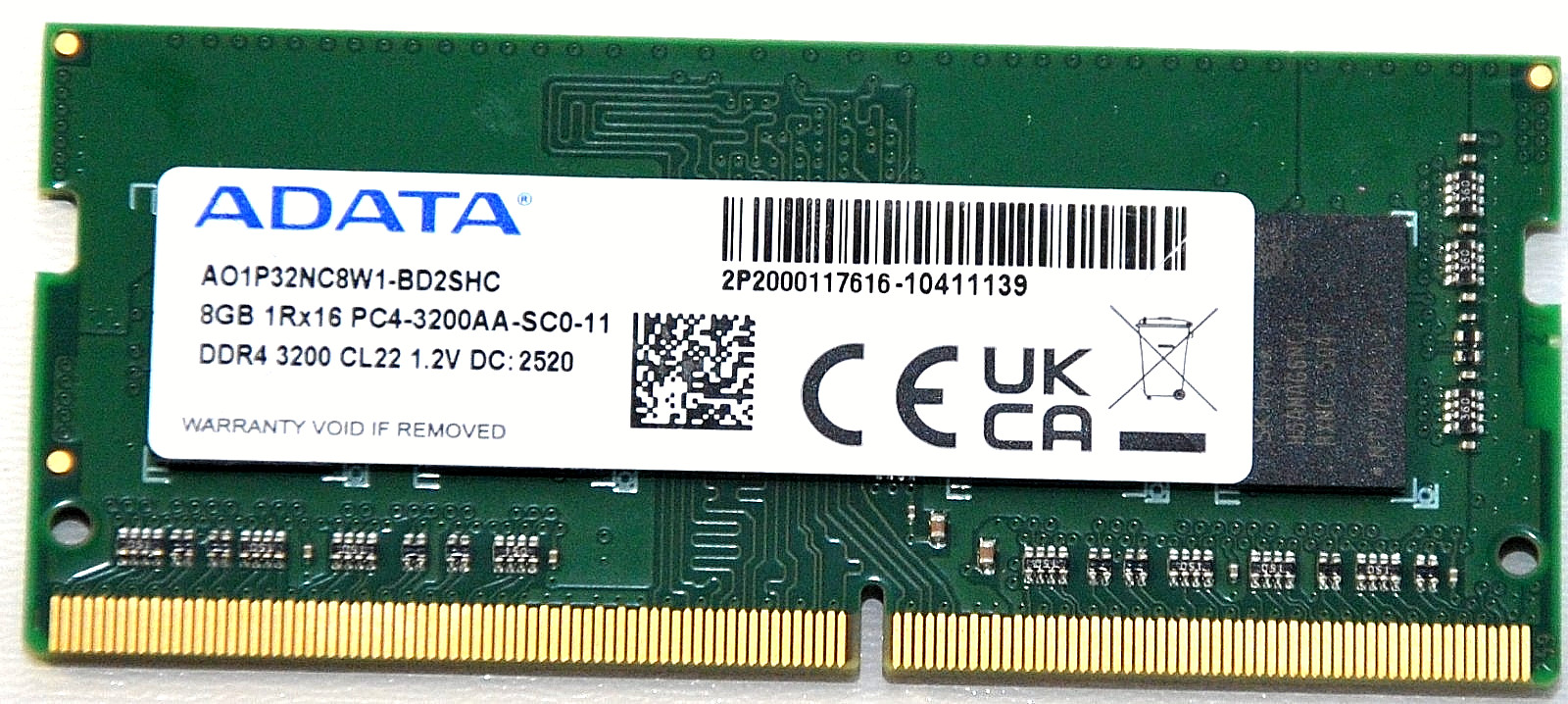 AO1P32NC8W1-BD2SHC, ADATA 8GB 1RX16, PC4-3200AA DDR4 SO-DIMM LAPTOP MEMORY