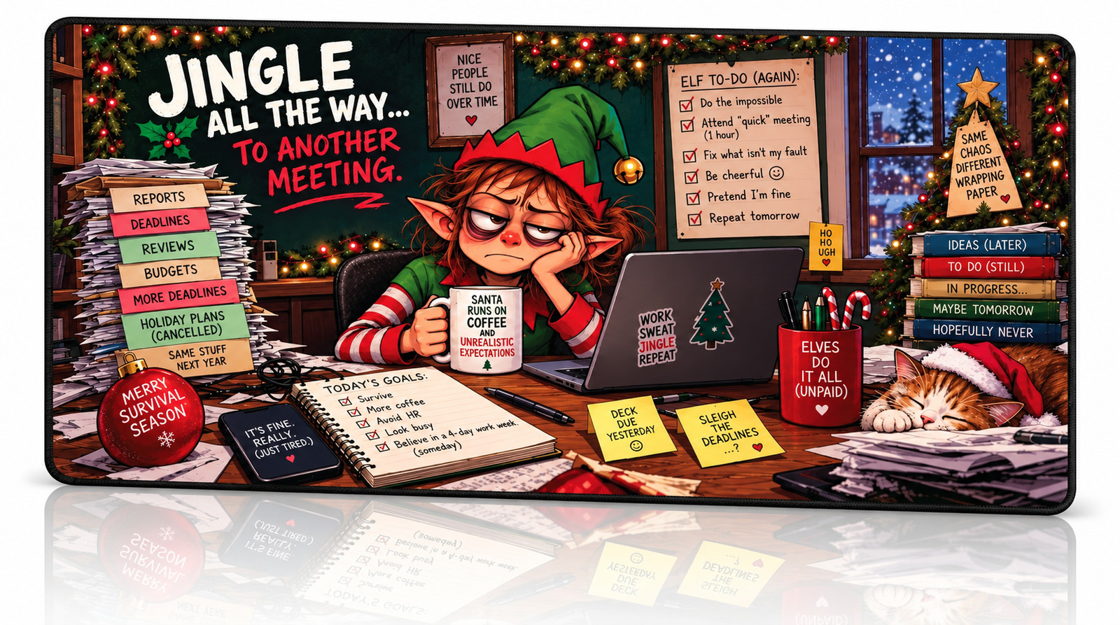 Christmas Desk Mat 32x16 in, Neoprene Extended Mouse Pad, Non-Slip Rubber Base