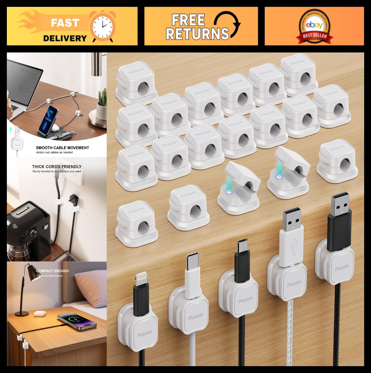 24 Pack Magnetic Cable Clip Organizer - Adhesive Cord Holder for Office & Home
