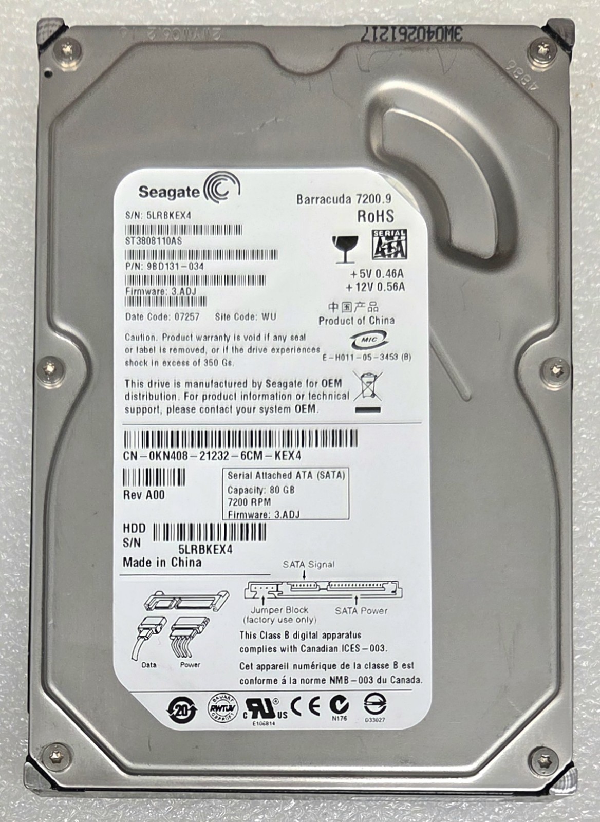 Dell KN408 Seagate ST3808110AS 9BD131-034 FW:3.ADJ SN:5LRB WU 80GB SATA HDD 2007