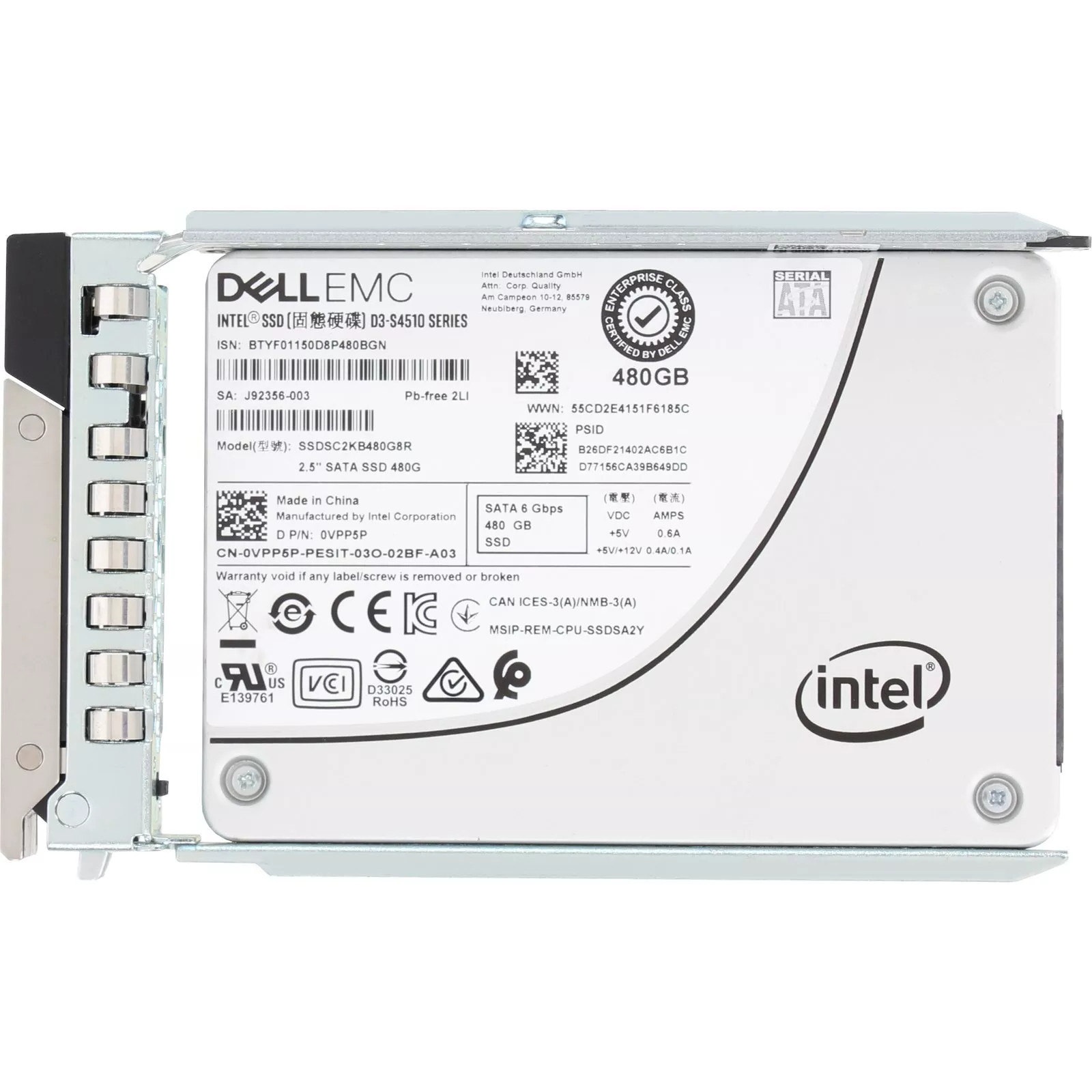 Dell EMC Intel SSD D-S4510 Series 480 GB 2.5" SSD SSDSC2KB480G8R 0VPP5P G14 Tray