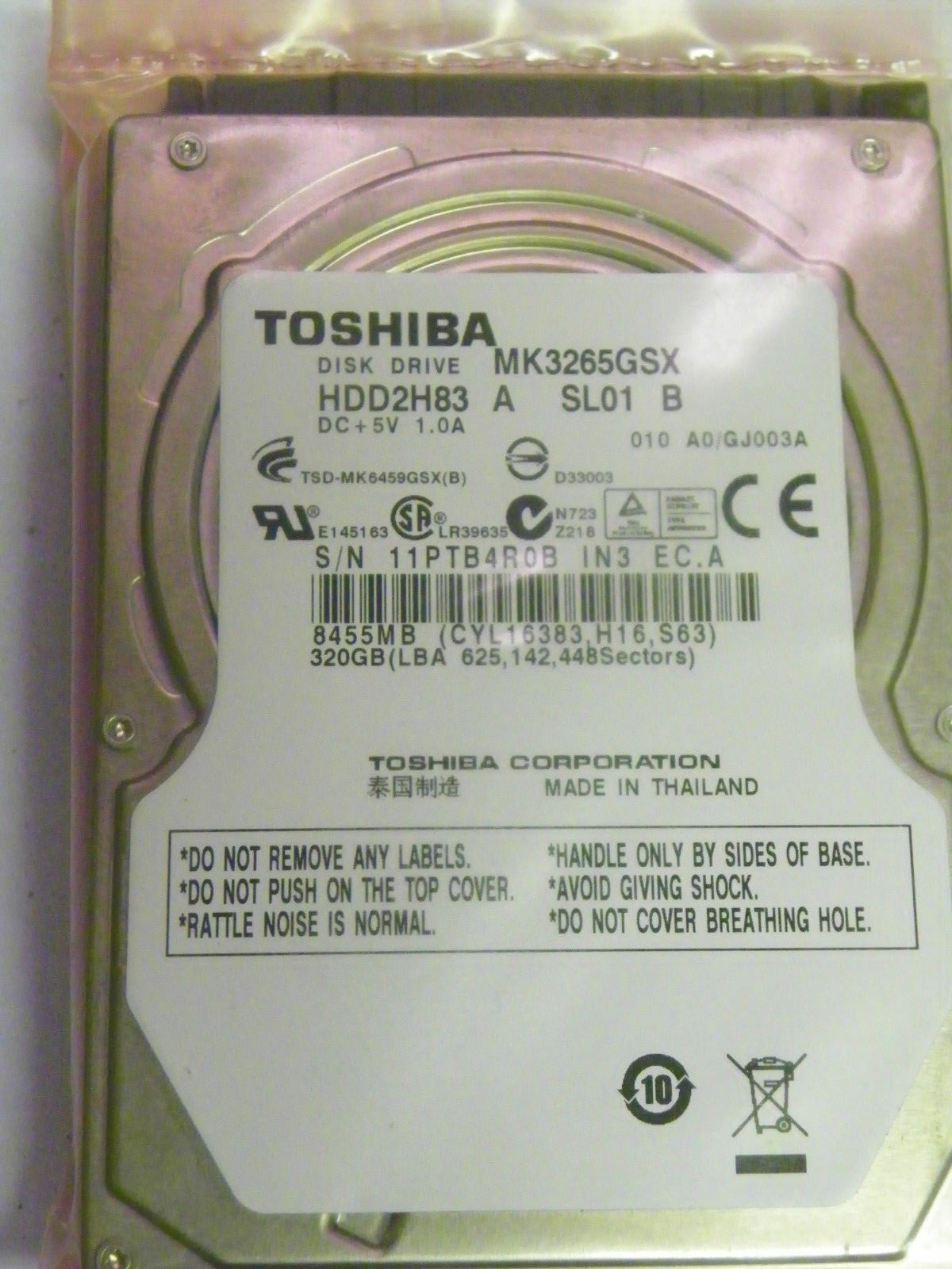 Toshiba MK3265GSX (HDD2H83 A SL01 B) 010 A0/GJ003A Laptop 320GB 2.5" SATA HDD