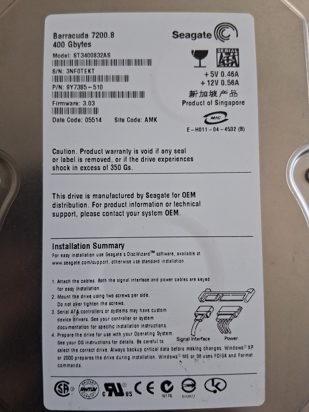 Seagate Barracuda 7200.8 ST3400832AS 400GBYTES SATA 3.5" Hard Drive Encased