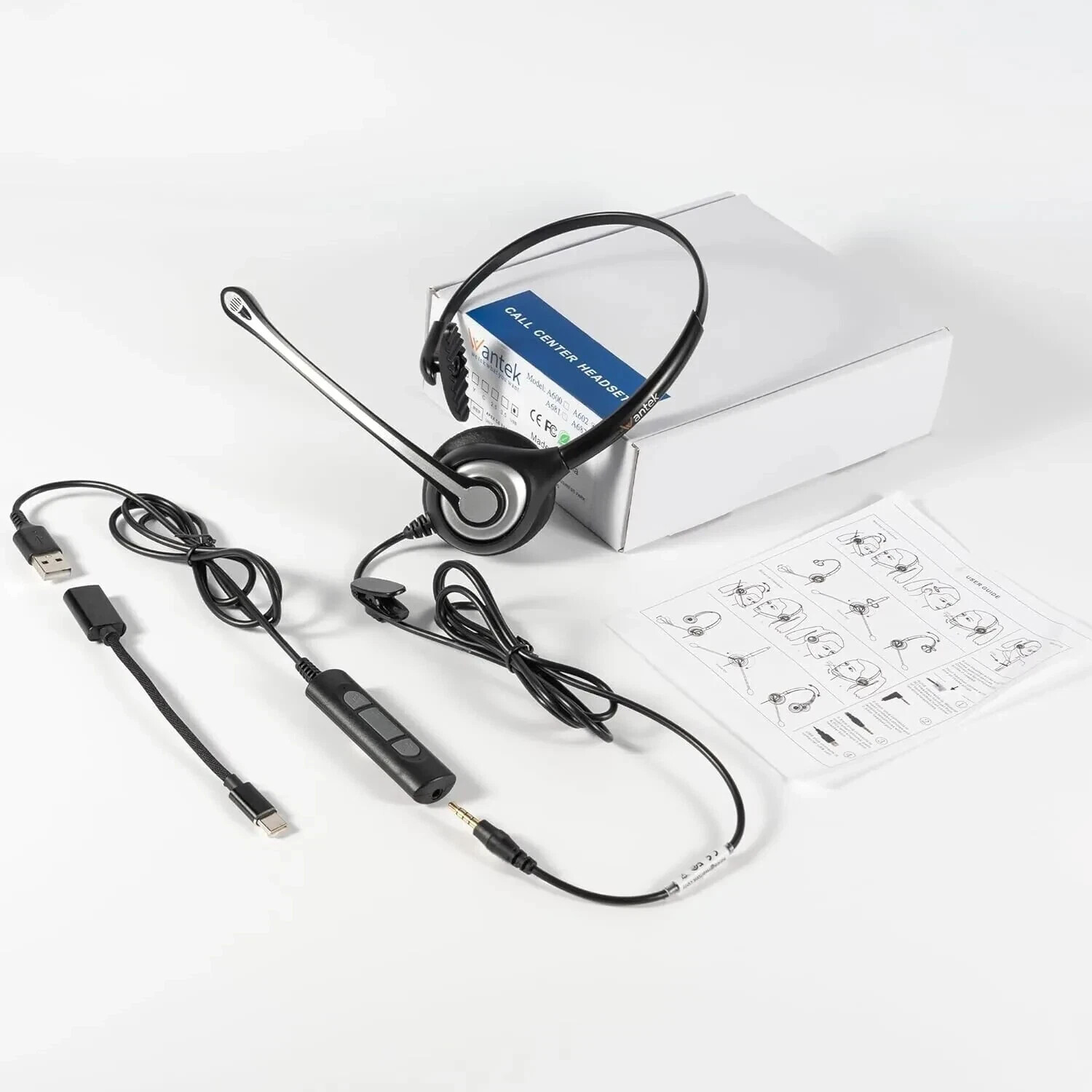 Wantek A681 Wired Headset Microphone USB For Call Centre Home Working Laptop PC