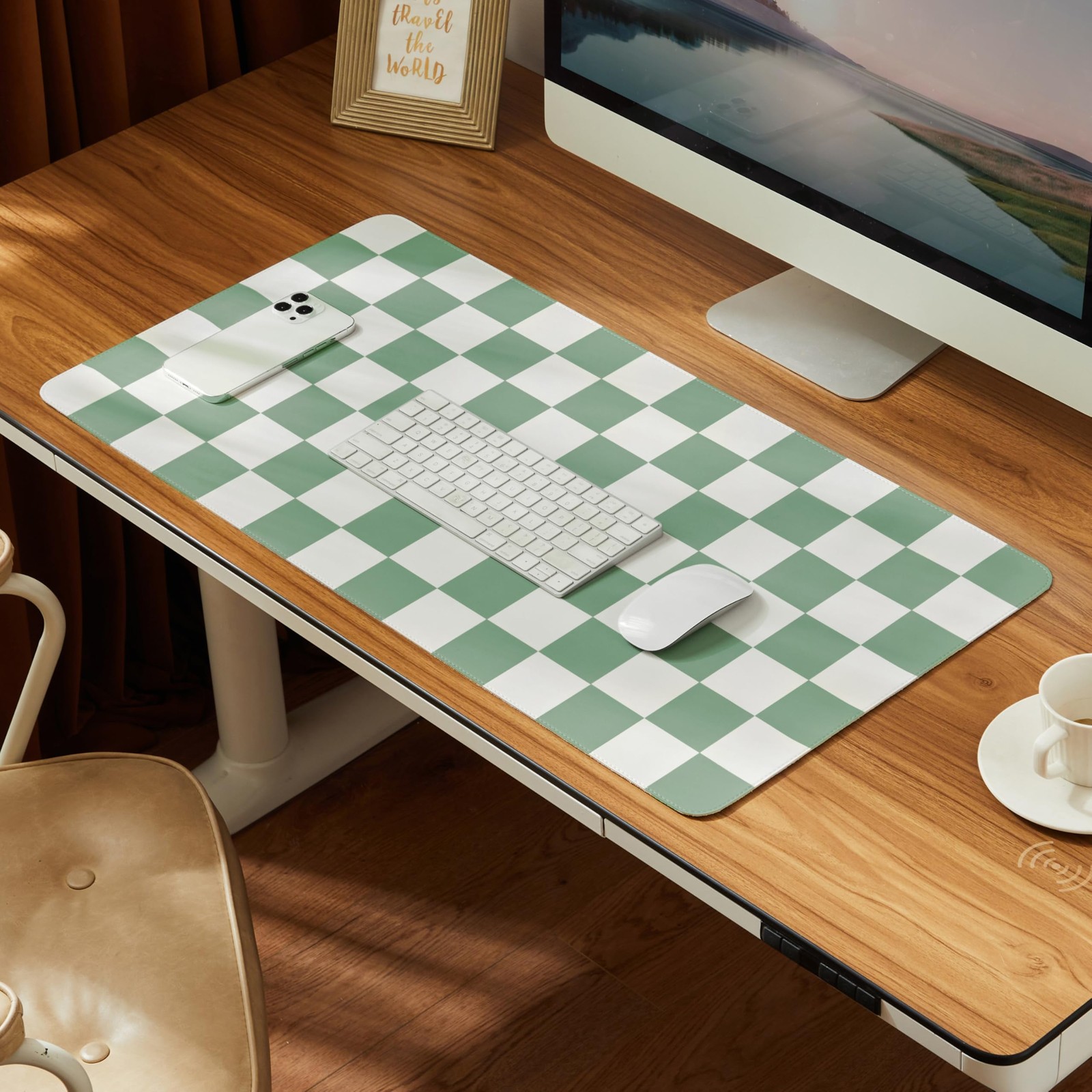 Retro Checkered Desk Mat Waterproof PU Leather Mouse Pad Sage 31.5x15.7 Inch