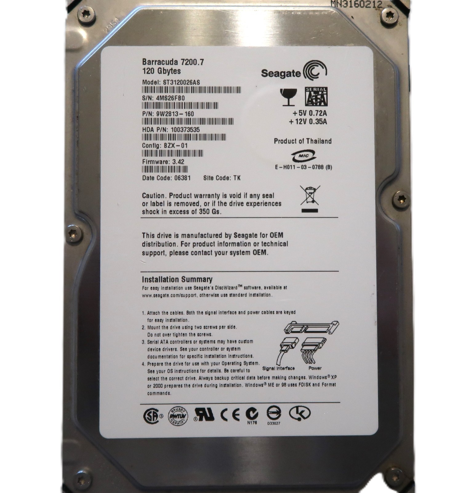 Seagate ST3120026AS 9W2813-160 3.42 (4MS) TK Thailand 120gb 3.5" Sata MAR/2006