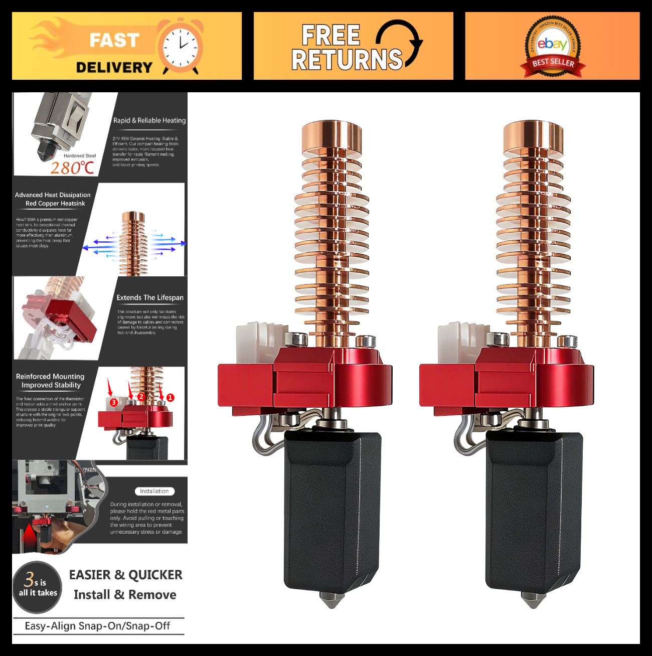 2Pcs 0.4mm Nozzle Kit for Flashforge 3D Printer, Ceramic Heater, Rapid Heating,