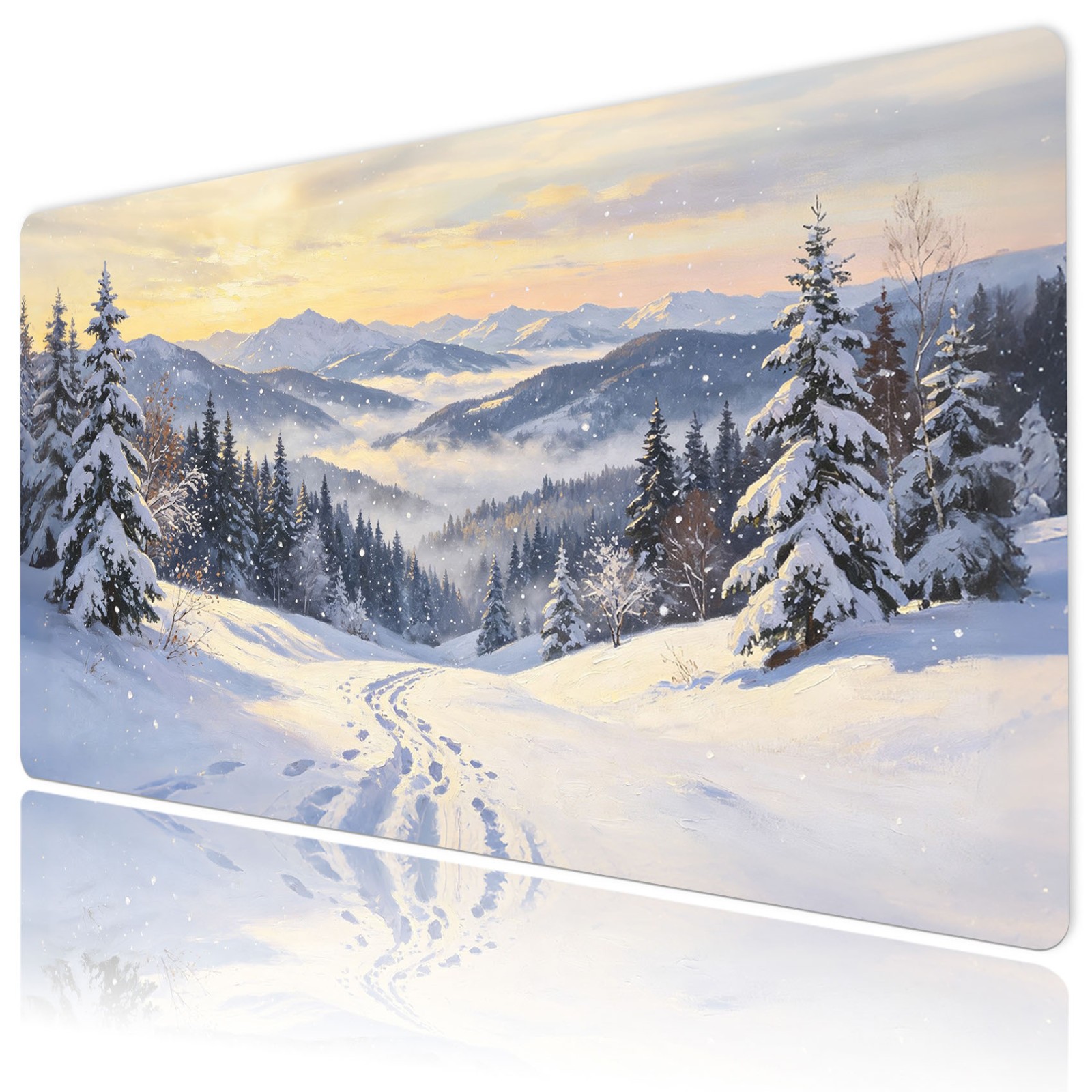 Snow Mountain Forest Pine Tree Winter Desk Mat for Keyboard and Mouse Desk Pad