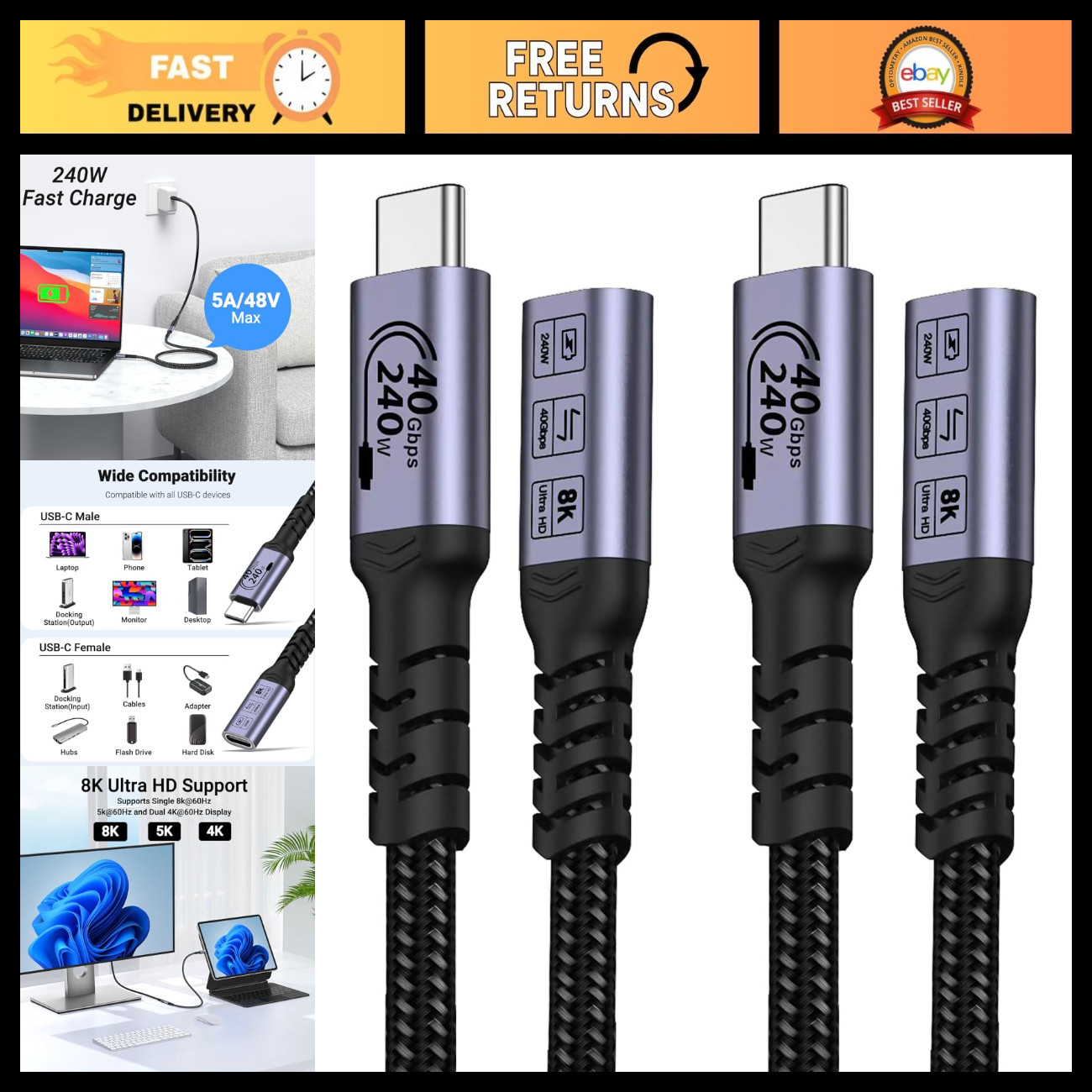 240W USB C Extension Cable 3.3FT - 2 Pack, Fast 40G Data Transfer, Durable Desig