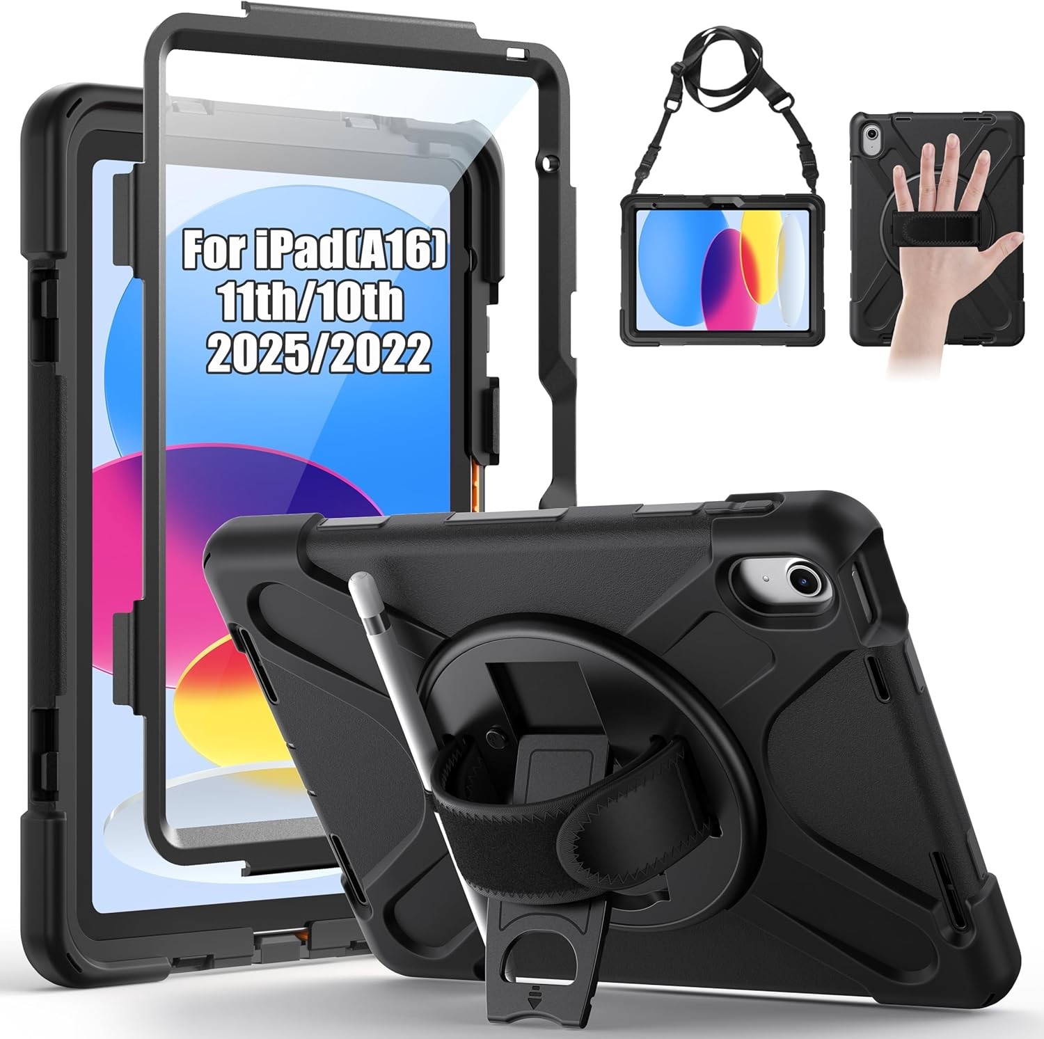 Shockproof Case for iPad 11" (2025) & 10.9" (2022) with Screen Protector, Black