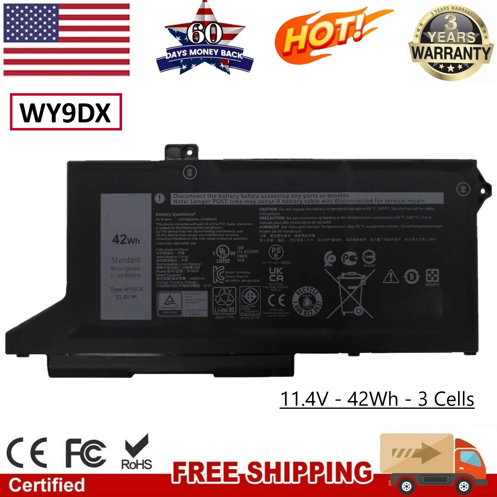 42WH WY9DX Laptop Battery For Dell Latitude 5420 5520 005R42 0M3KCN 01K2CF NEW