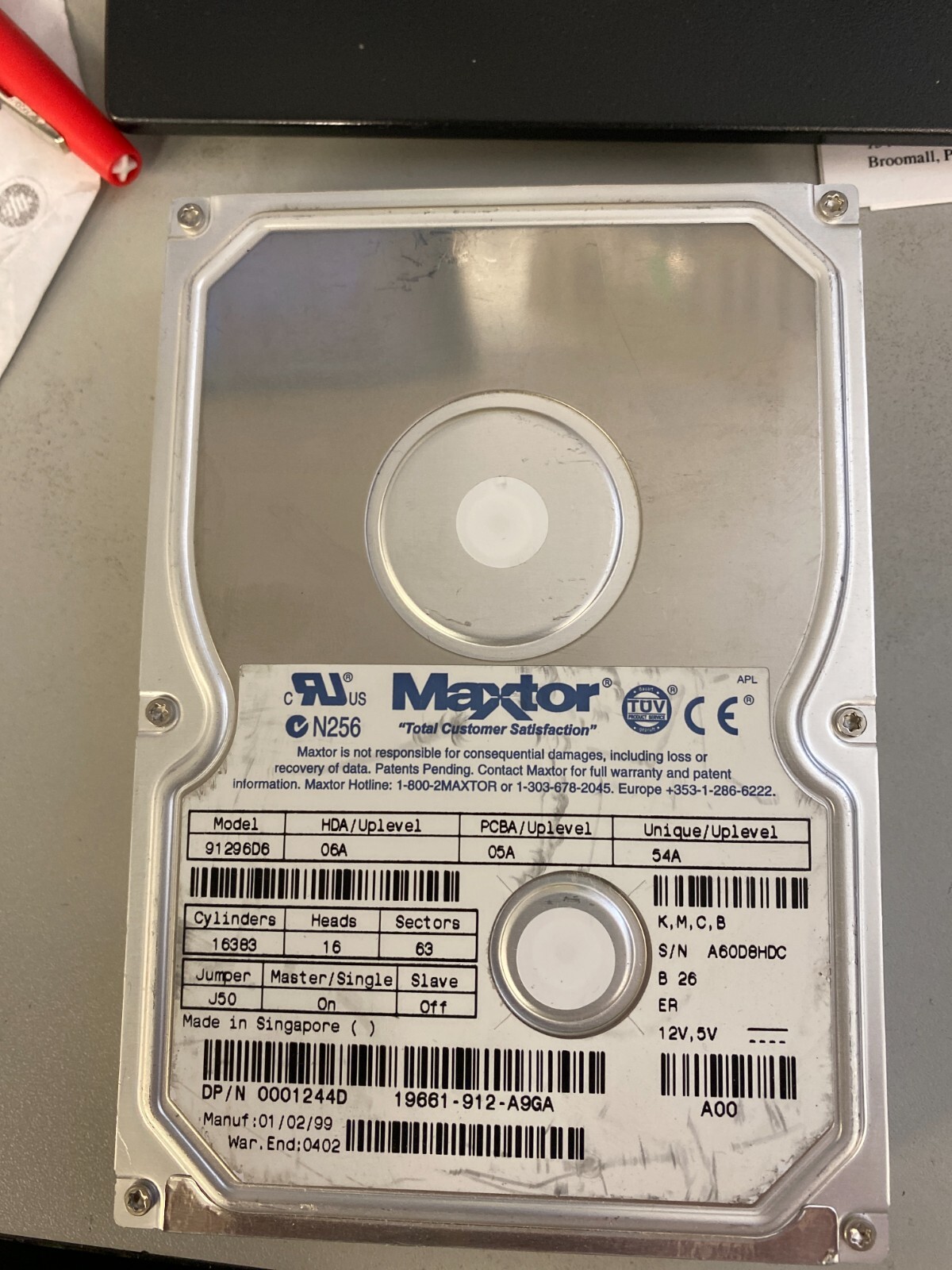 Maxtor 12GB IDE Model 91296D6 06A,05A,54A,, K,M,C,B, DP/N 0001244D, 01/02/99