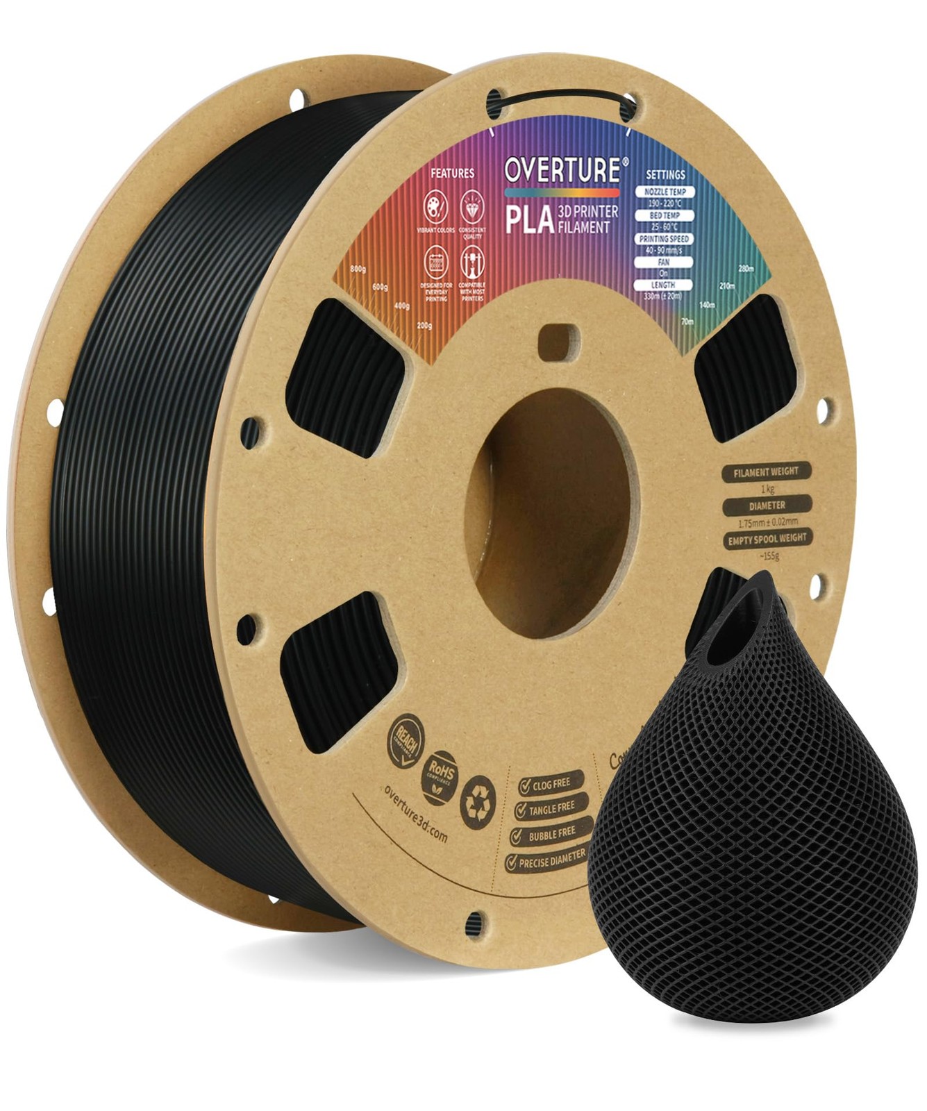OVERTURE PLA Filament 1.75mm, Neatly Wound 3D Printer Filament 1kg Spool