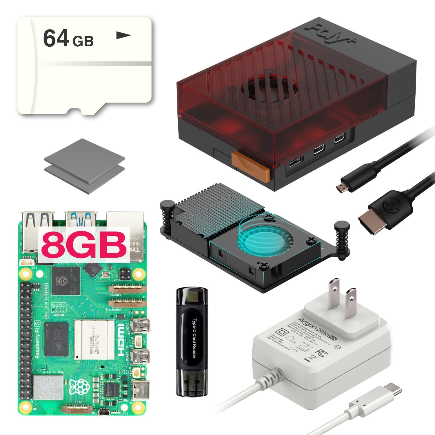 Argon Pi 5 Kit – Raspberry 5 8GB with Poly+5 Case, 27W 8GB, BRED