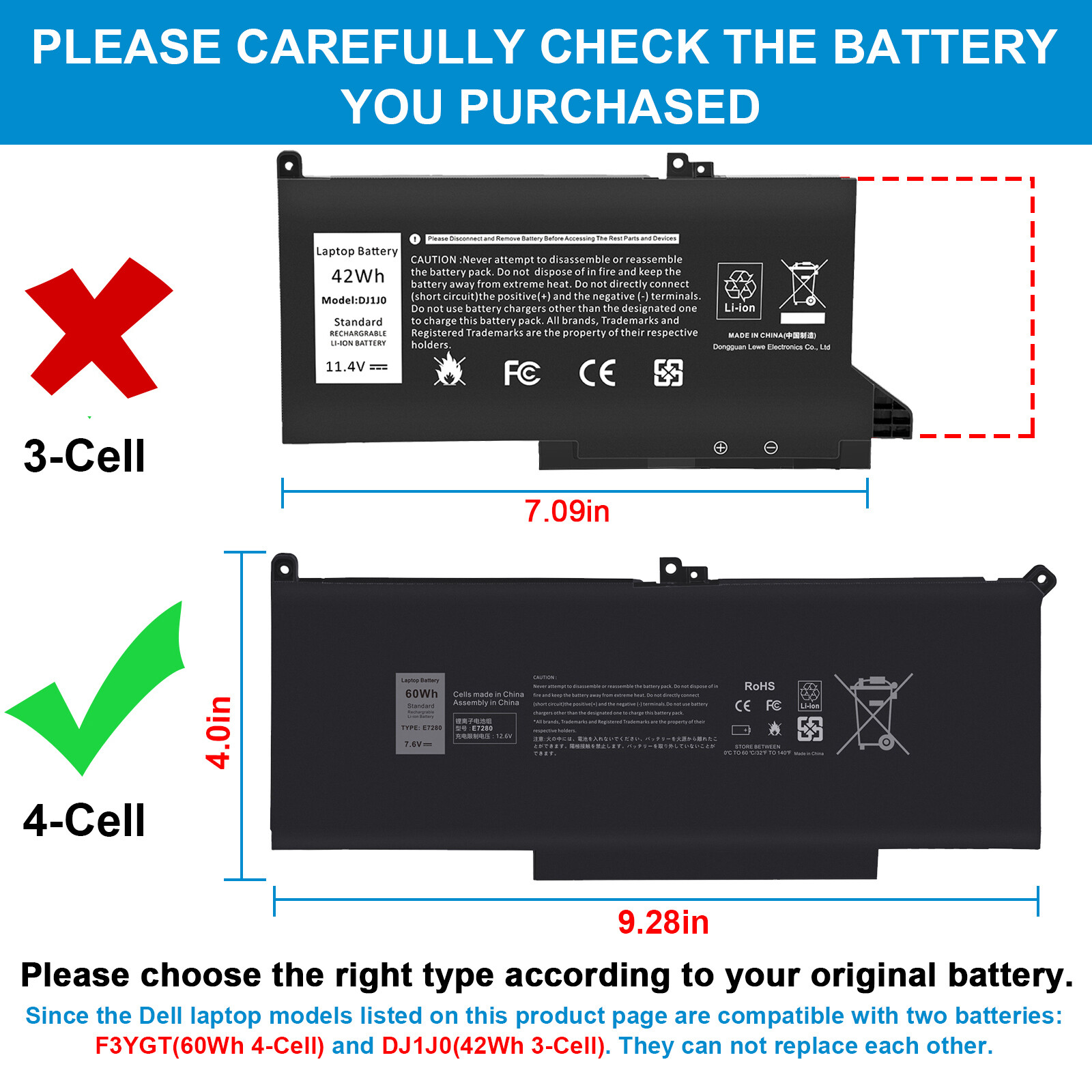 ✅LOT 10x F3YGT Battery For Dell Latitude 12 13 14 E7280 E7480 7480 7490 7390 US
