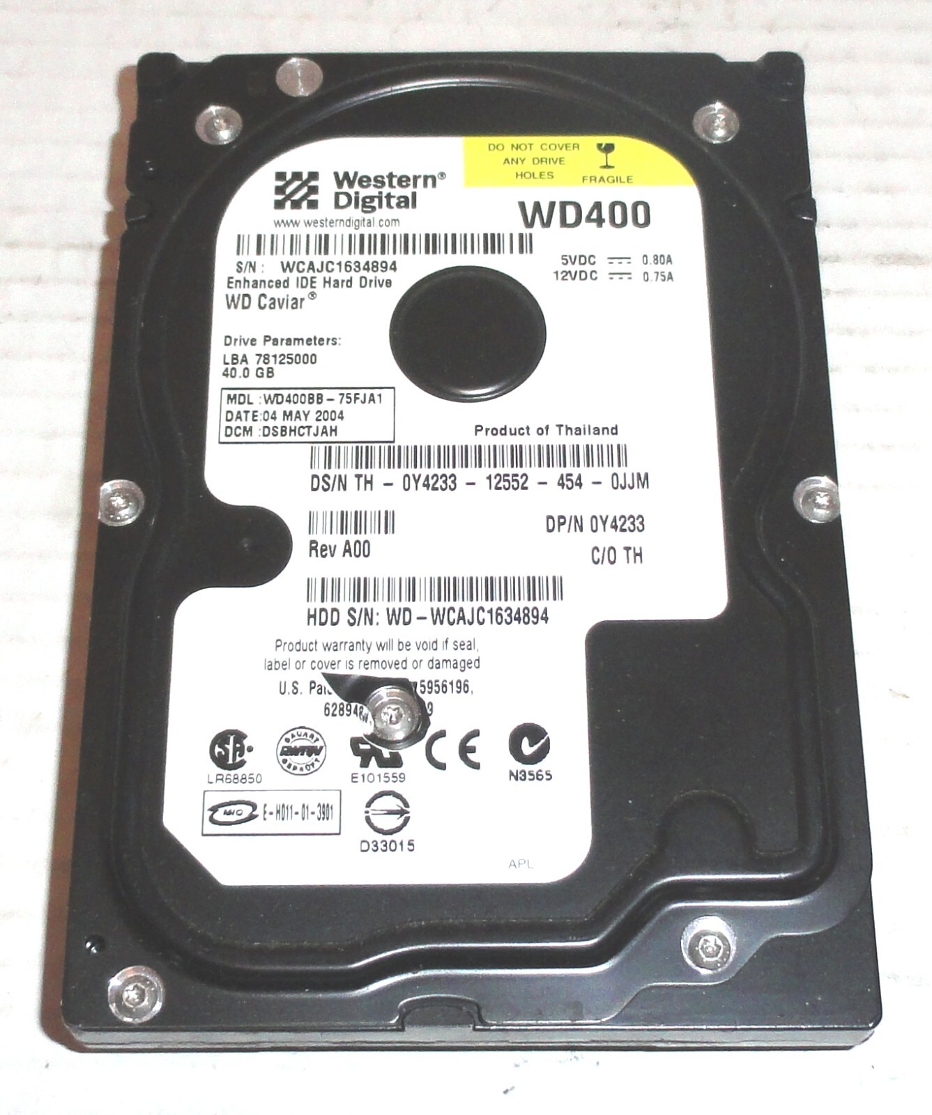 Western Digital WD400BB-75FJA1 40GB Hard Drive NO PCB BOARD, FOR PARTS ONLY