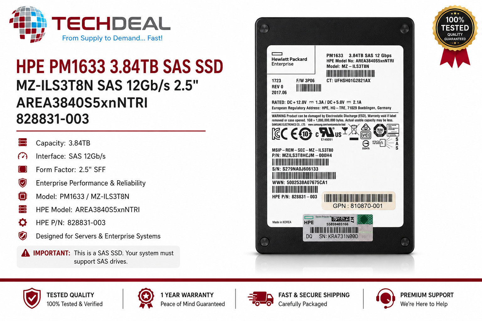 HPE Samsung PM1633 3.84TB SAS 12Gb/s 2.5" SSD MZ-ILS3T8U 828831-003 520e