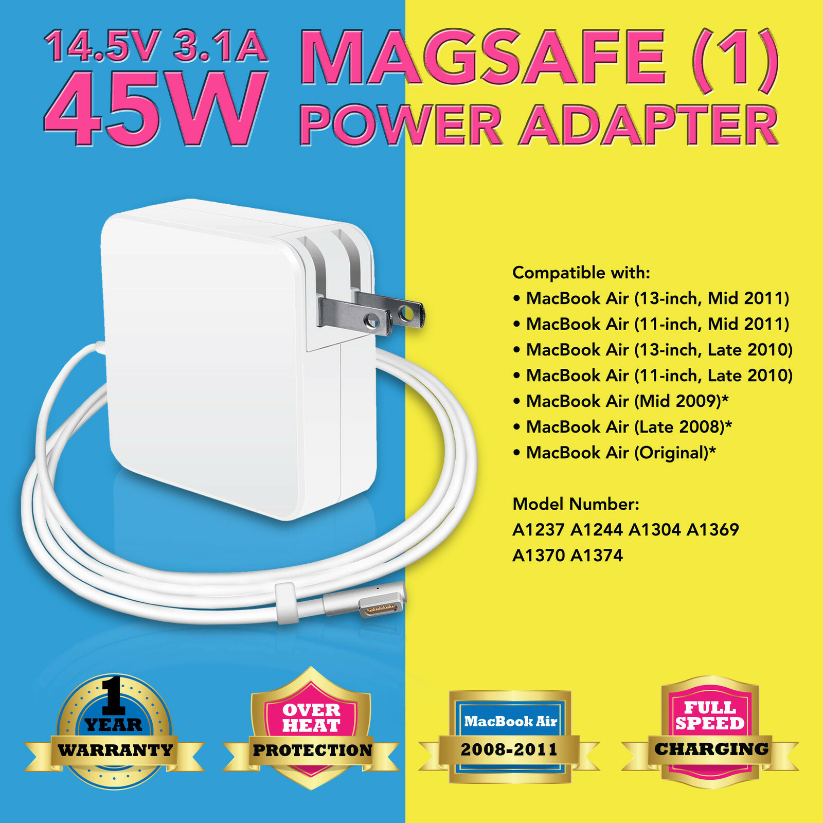 45W AC Charger Adapter Laptop Power Supply for Apple Macbook Air 11" A1237 A1304