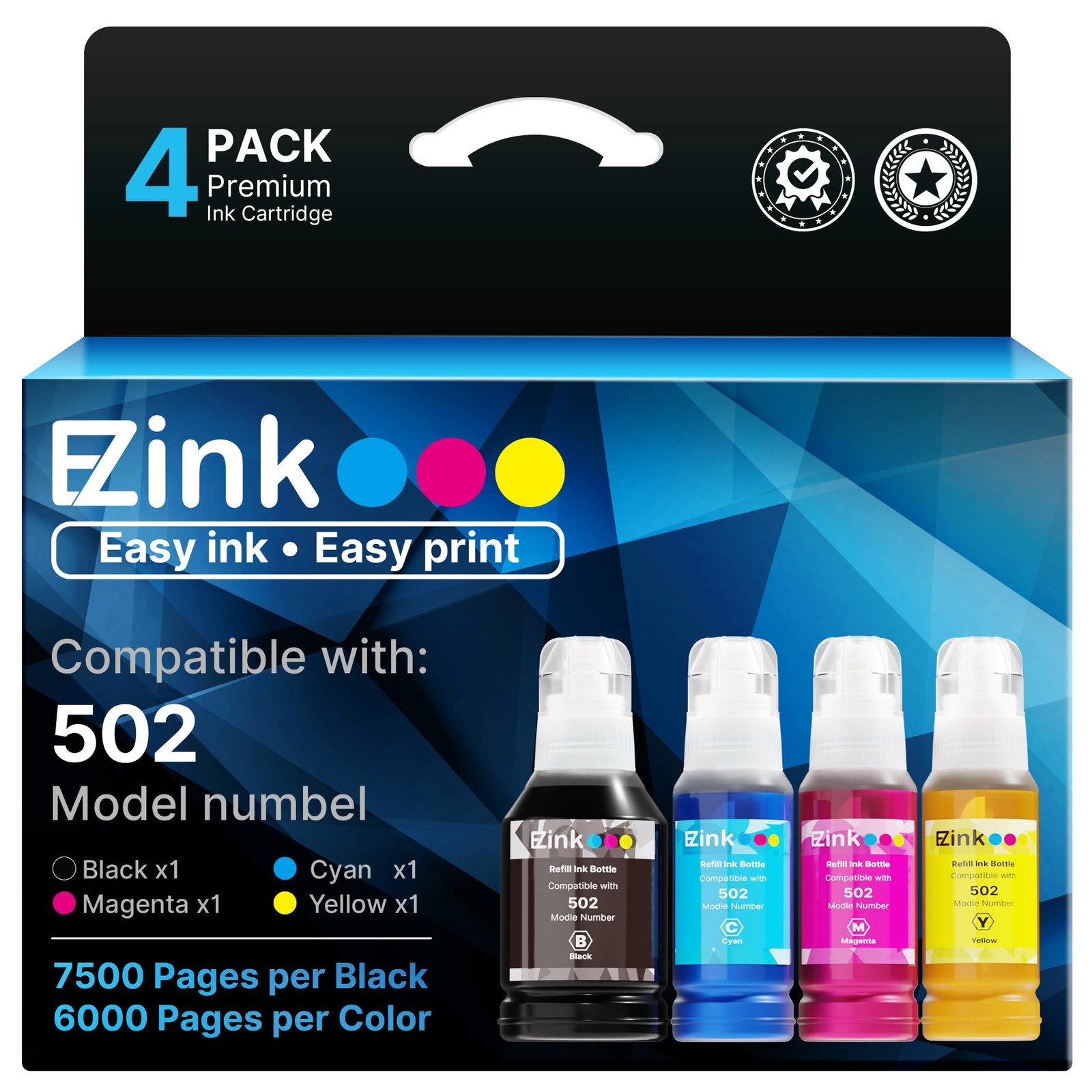 E-Z Ink 502 High Yield Ink Refill for Epson ET-4760 ET-3760 (4 Pack)