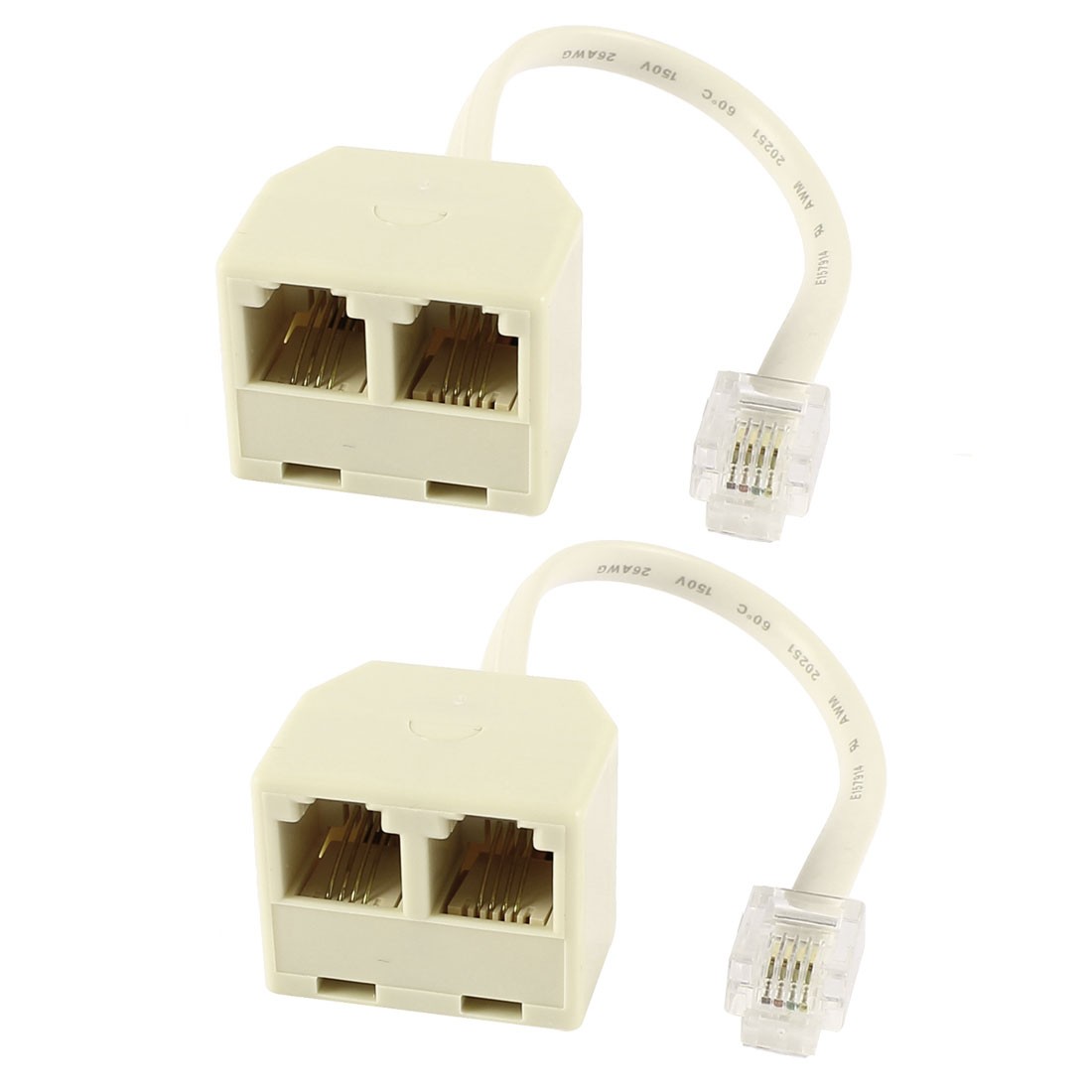 2 Pcs RJ11 6P4C US Male to 2x US Female Splitter Phone Adapter Cable Cord Beige