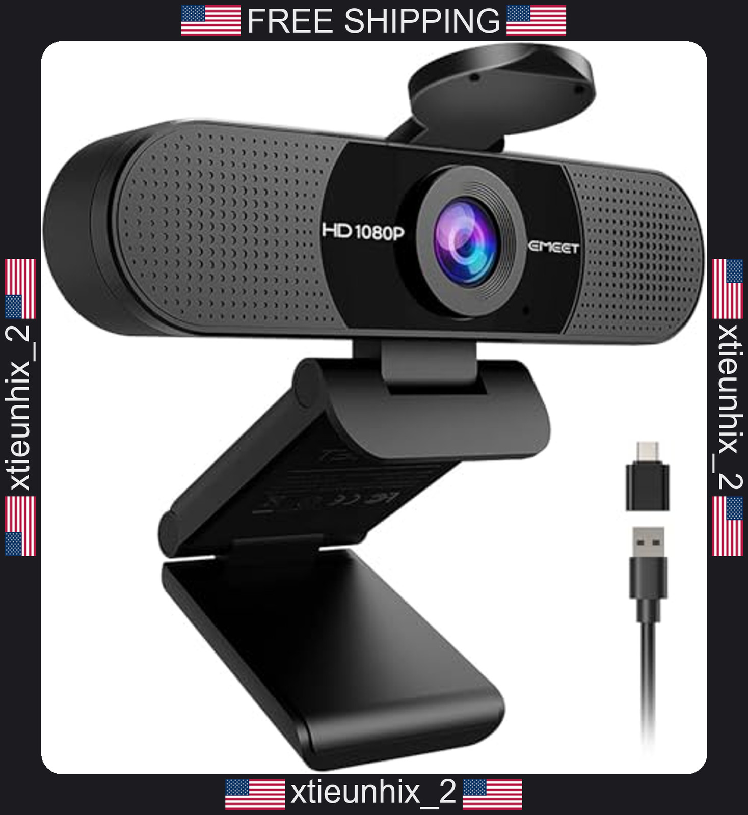 Webcam 1080P with Microphone, 90° Wide-Angle, Privacy Cover, USB