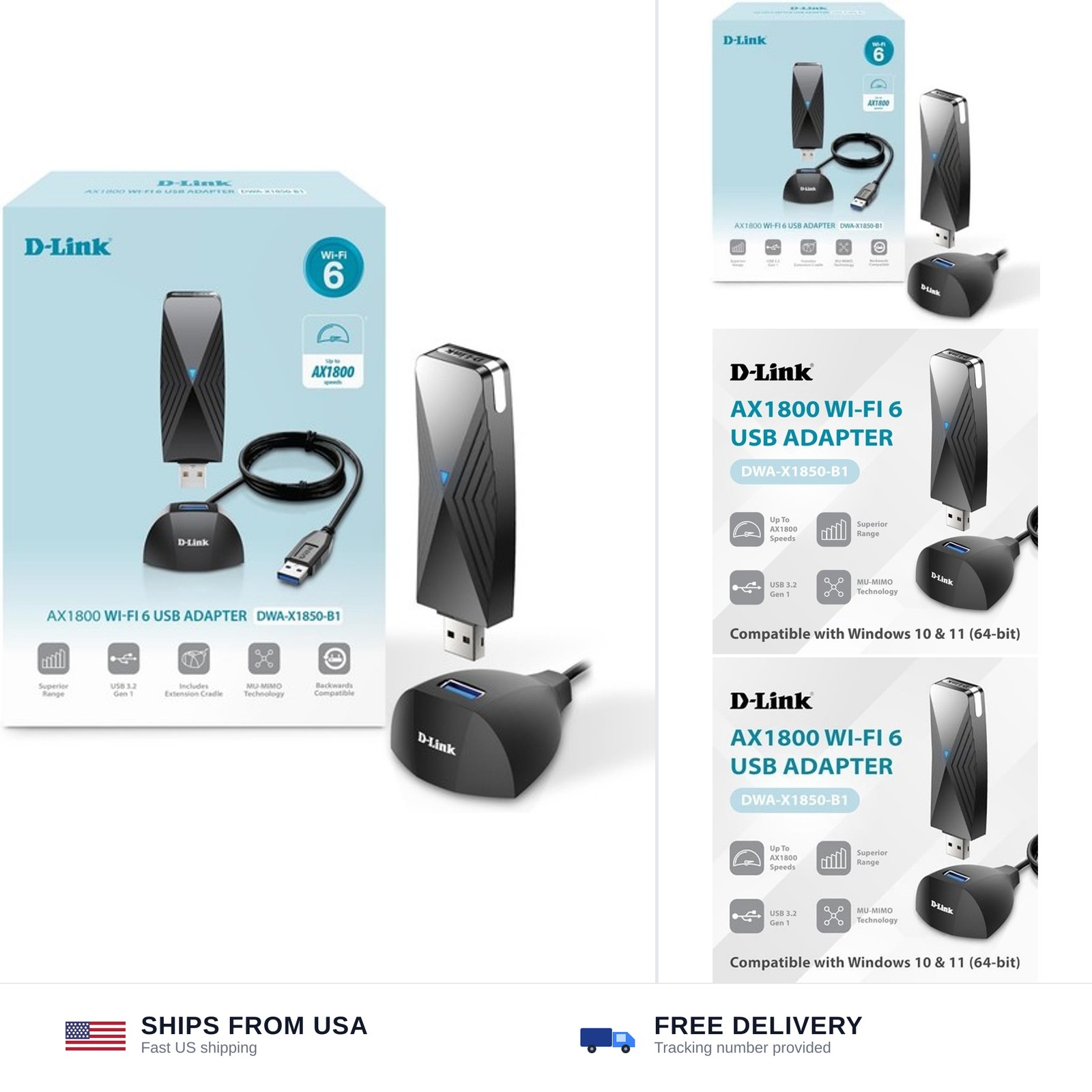 D-Link USB WiFi 6 Adapter AX1800 USB 3.0 Dual Band Long Range MU-MIMO Wireles...