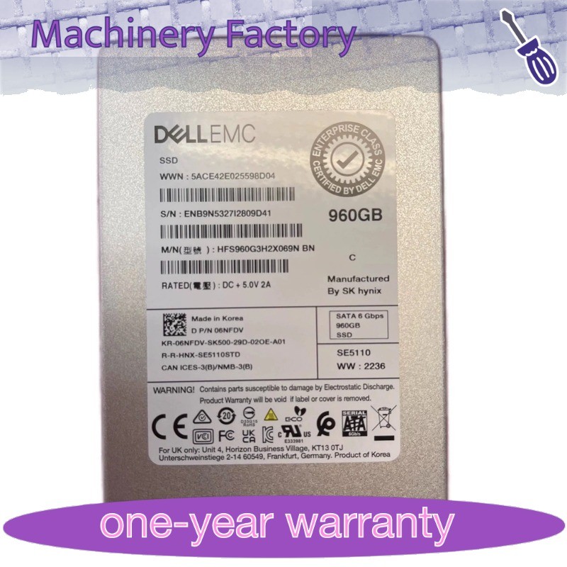 6NFDV 06NFDV DELL EMC 960GB SATA 2.5" 6Gbps HFS960G3H2X069N SSD Gen14 15 16 Tray