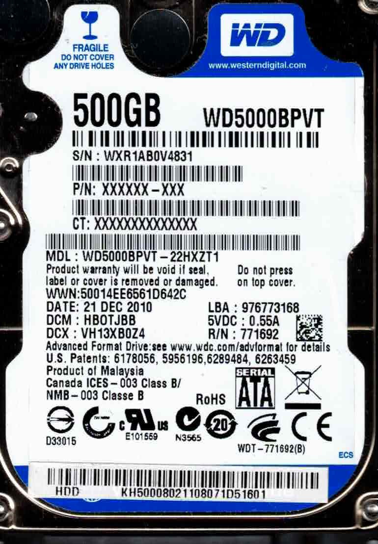 WD5000BPVT-22HXZT1,  HB0TJBB, WESTERN DIGITAL SATA 500GB  WXR1  DEC 2010