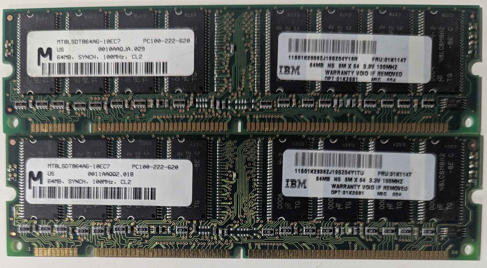 IBM Micron RAM Module 64MB PC100 SDRAM Lot of 2 FRU 01K1147