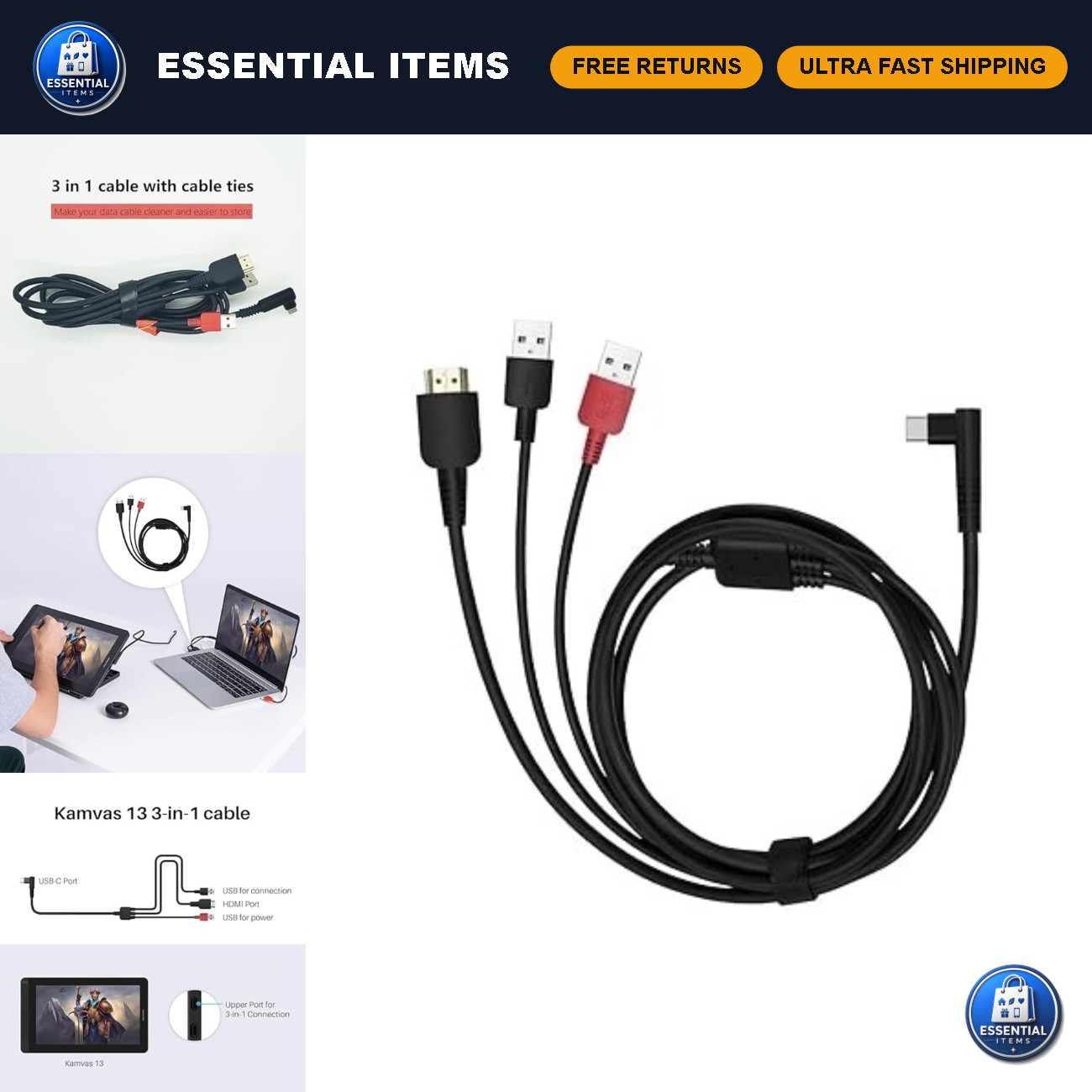 3-in-1 USB-C Cable for Huion Kamvas 12/13/16 (2021) - Not for Pro Models