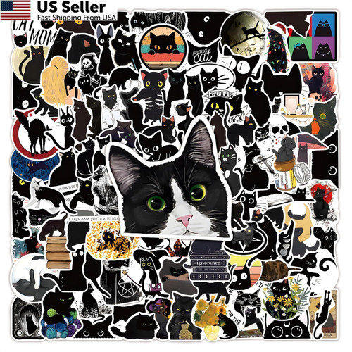 100pcs Waterproof Laptop Stickers Black Cute Cat for Water