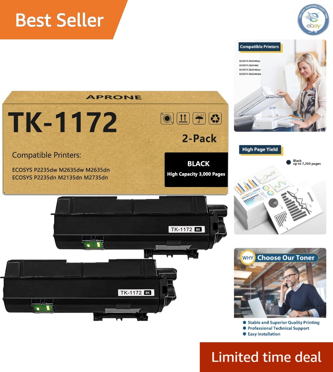 Compatible Kyocera TK-1172 Toner Cartridges – 7200 Pages, Easy Install, 2-Pack