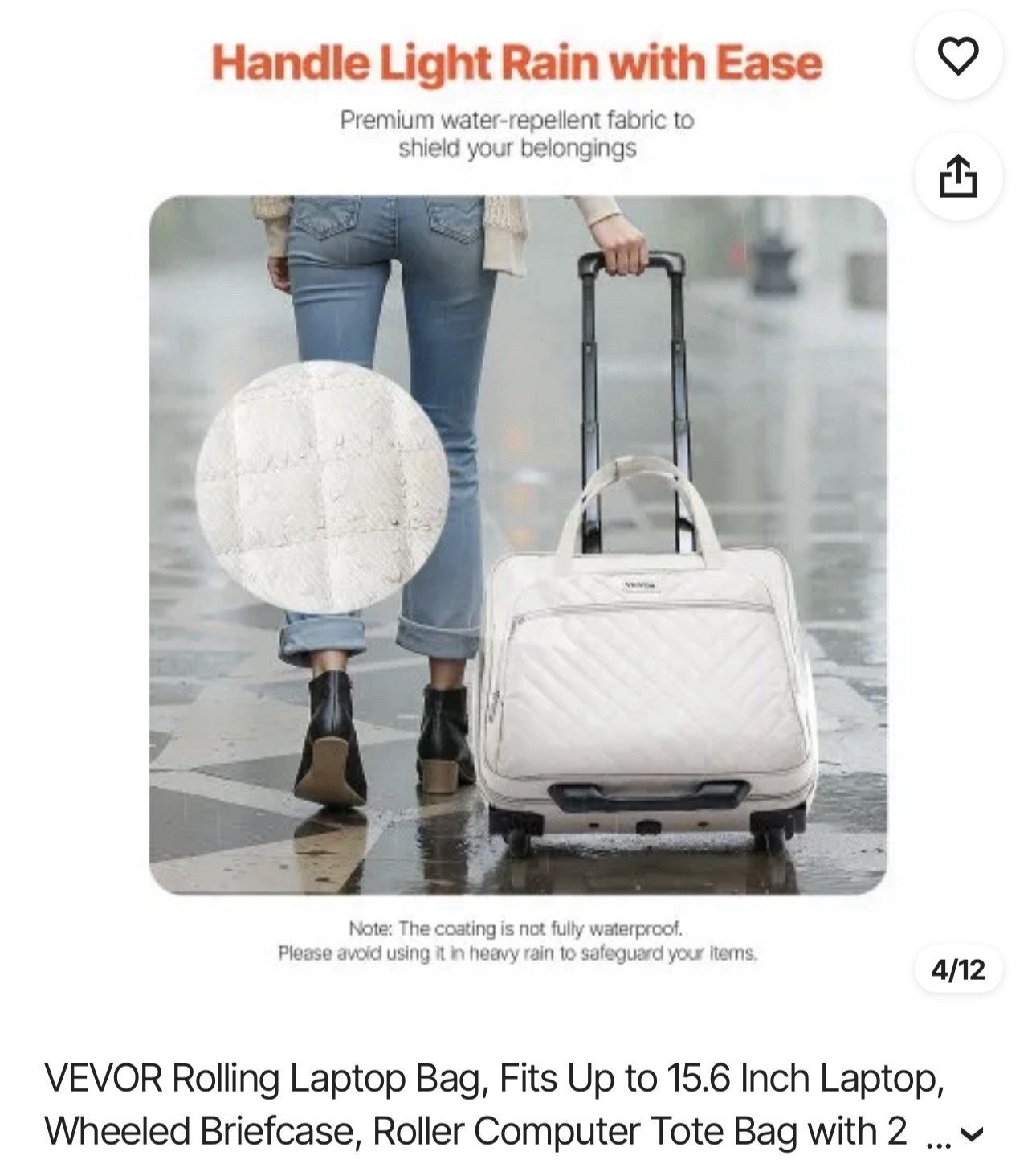 VEVOR Rolling Laptop Bag 15.6” Wheeled Briefcase Telescoping Handle Beige New