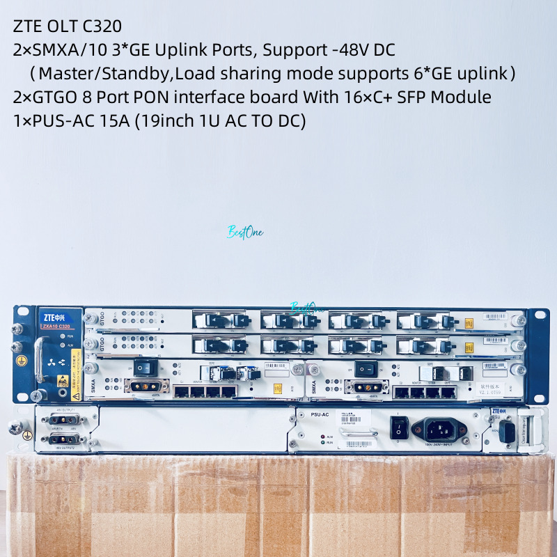 Used ZTE C320 GPON OLT 2×SMXA/A10 3*GE Uplink 2×GTGO 16×C+ SFP 1×PSU-AC 15A