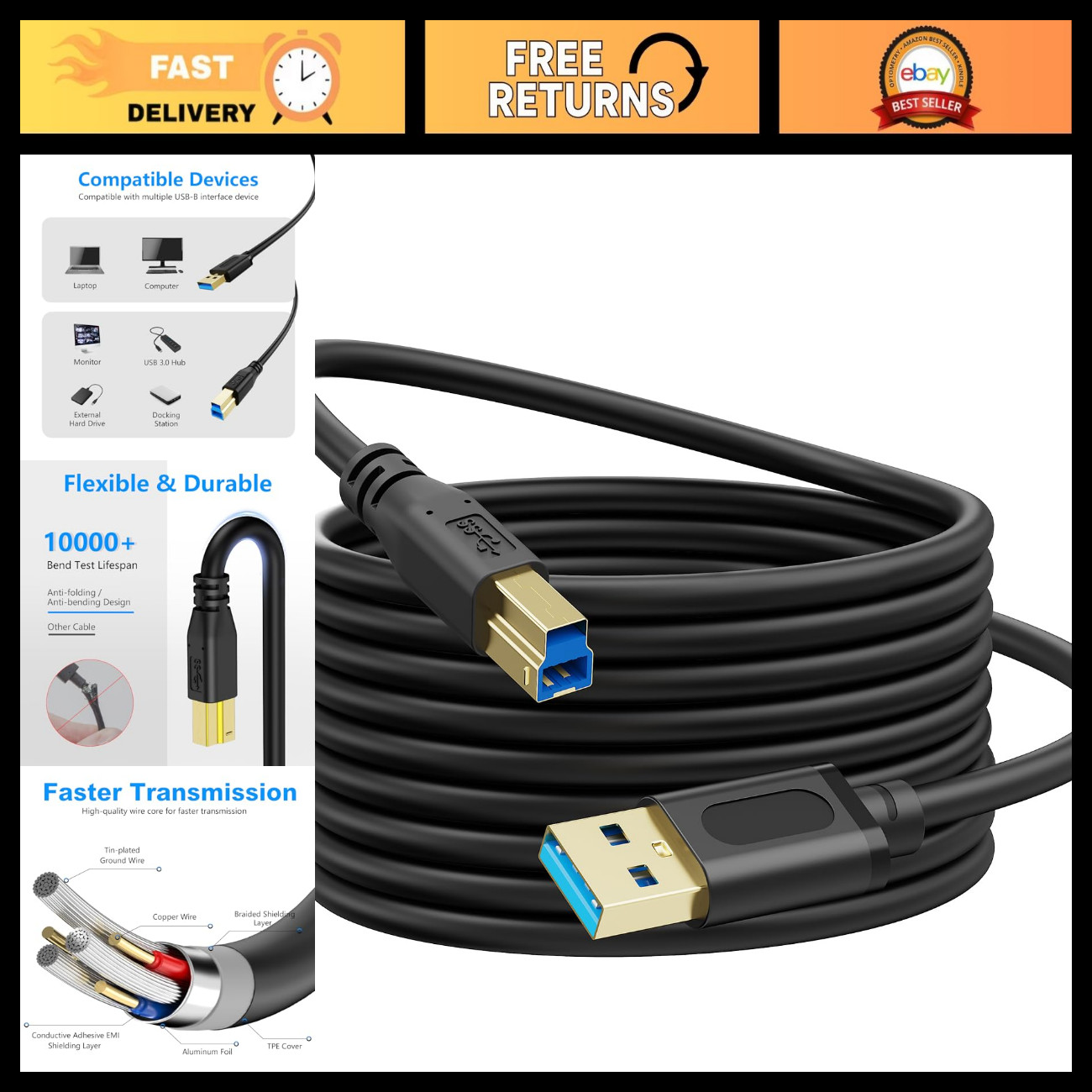 25Ft USB 3.0 A Male to B Male Cable - High-Speed for Printers, Scanners & HDDs