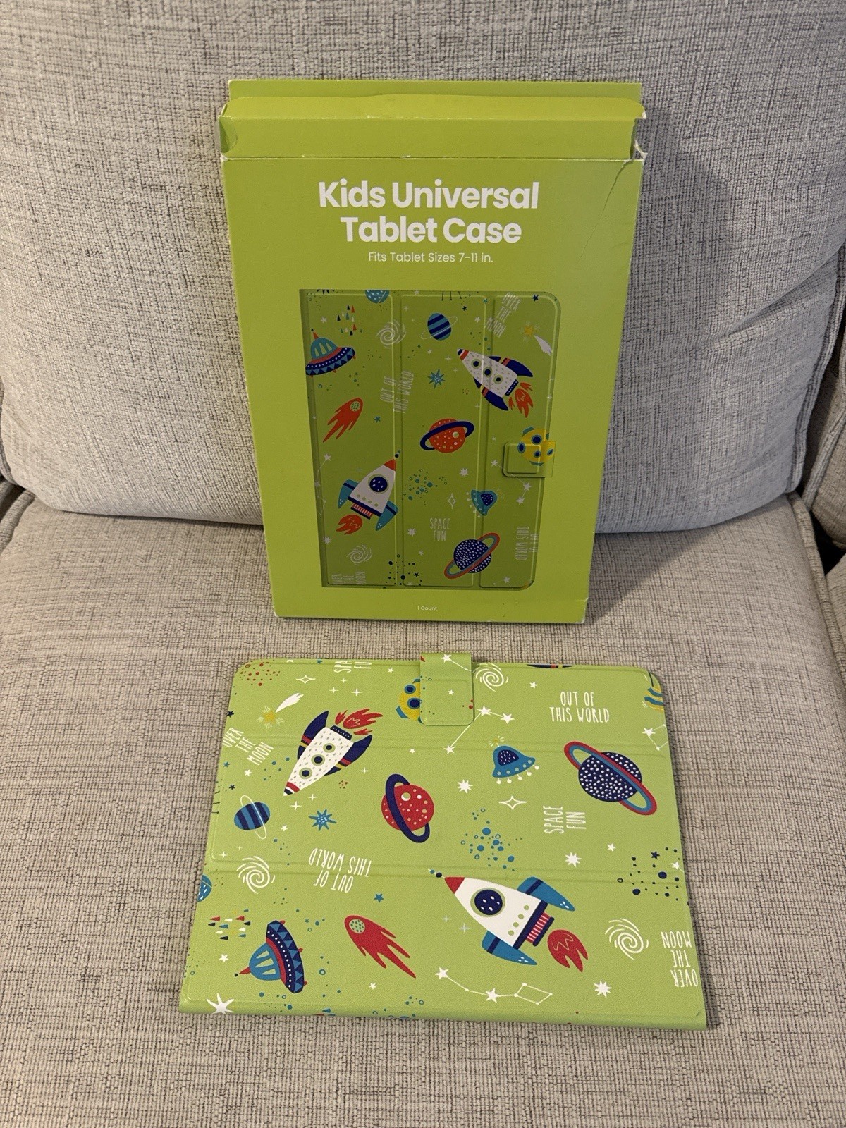 Kids Universal Tablet Case 7–11” Green Space Rockets Folio Stand Cover